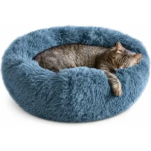 Cat Beds for Indoor Cats, Fluffy Calming Donut Cat Bed, Small Dog Bed Washable - Orthopedic Soft Plush Pet Beds Sized for Kitten to Large Cats & Puppy to Small Dogs - Navy Grey 20''