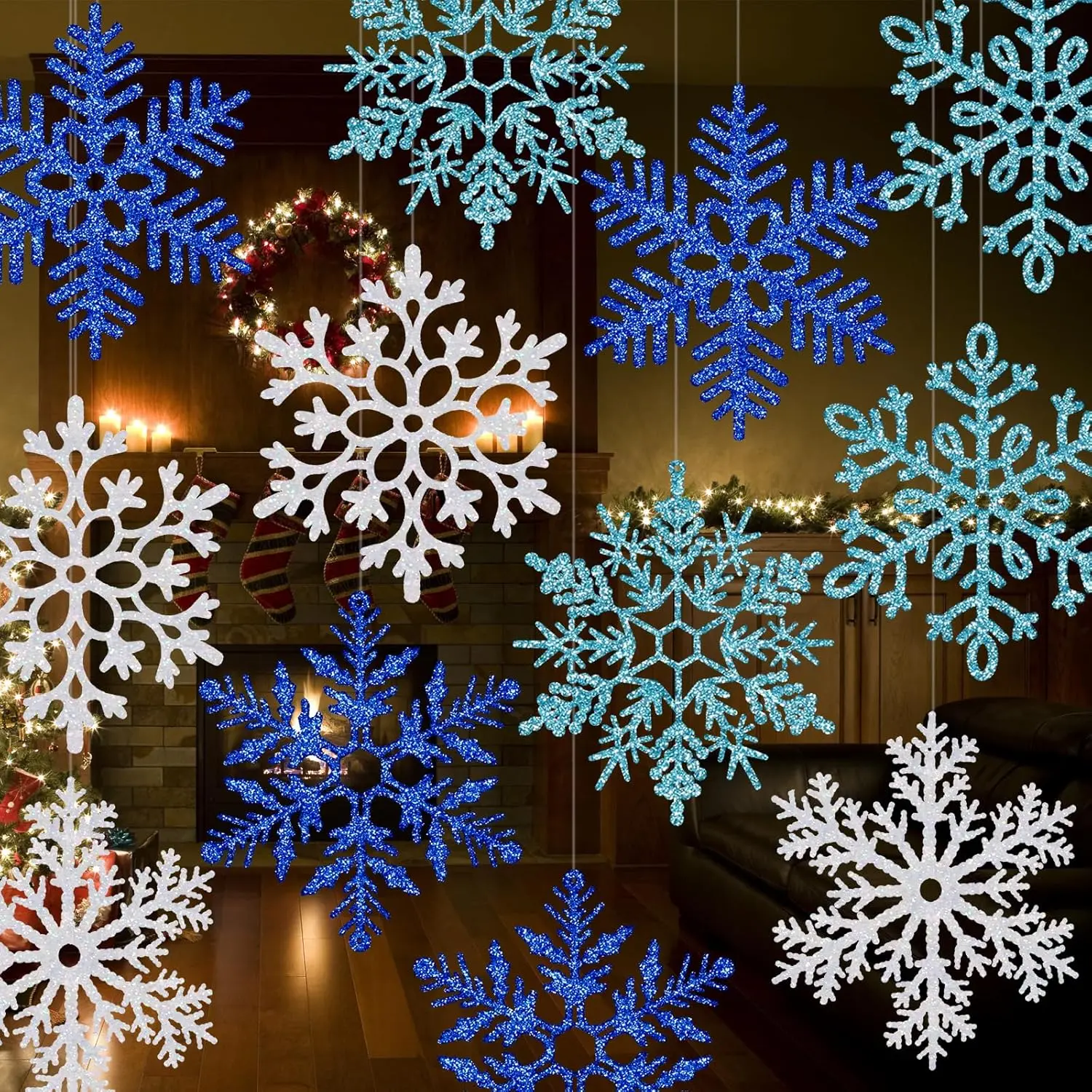 24 count 12'' Large Snowflake Decorations – Giant  Snowflakes, Plastic Snowflakes for Indoor & Outdoor Christmas Decor, Porch & Tree Decorations (White, Blue, Dark Blue)