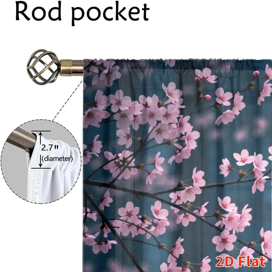 2Pcs Aesthetic Cherry Blossom Floral Pattern Sun Blocking Curtains Digital Printed Rod Pocket, Window Treatment For Bedroom Office Kitchen Living Room Study Home Decor