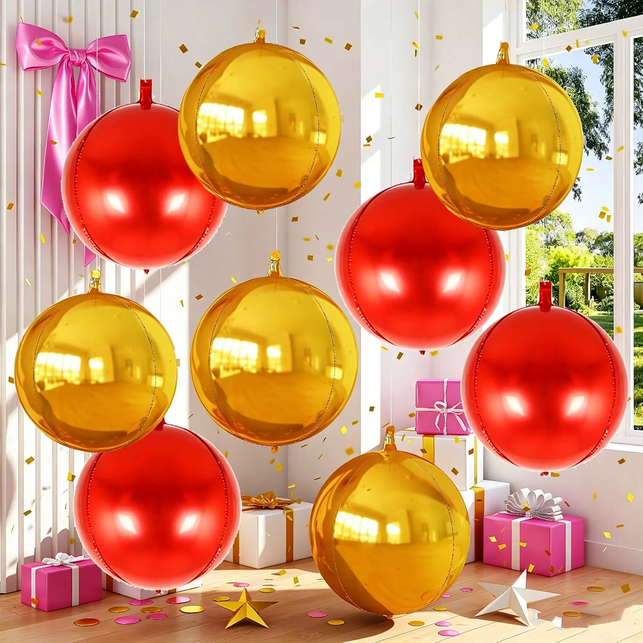 10Pcs Red & Gold 4D Round Foil Balloons Set, 55.88cm Large Metallic Balloons with Ribbon & Straw, Party Backdrop Decor & Photo Props for Birthday, New Year, Christmas, Anniversary & Bridal Shower