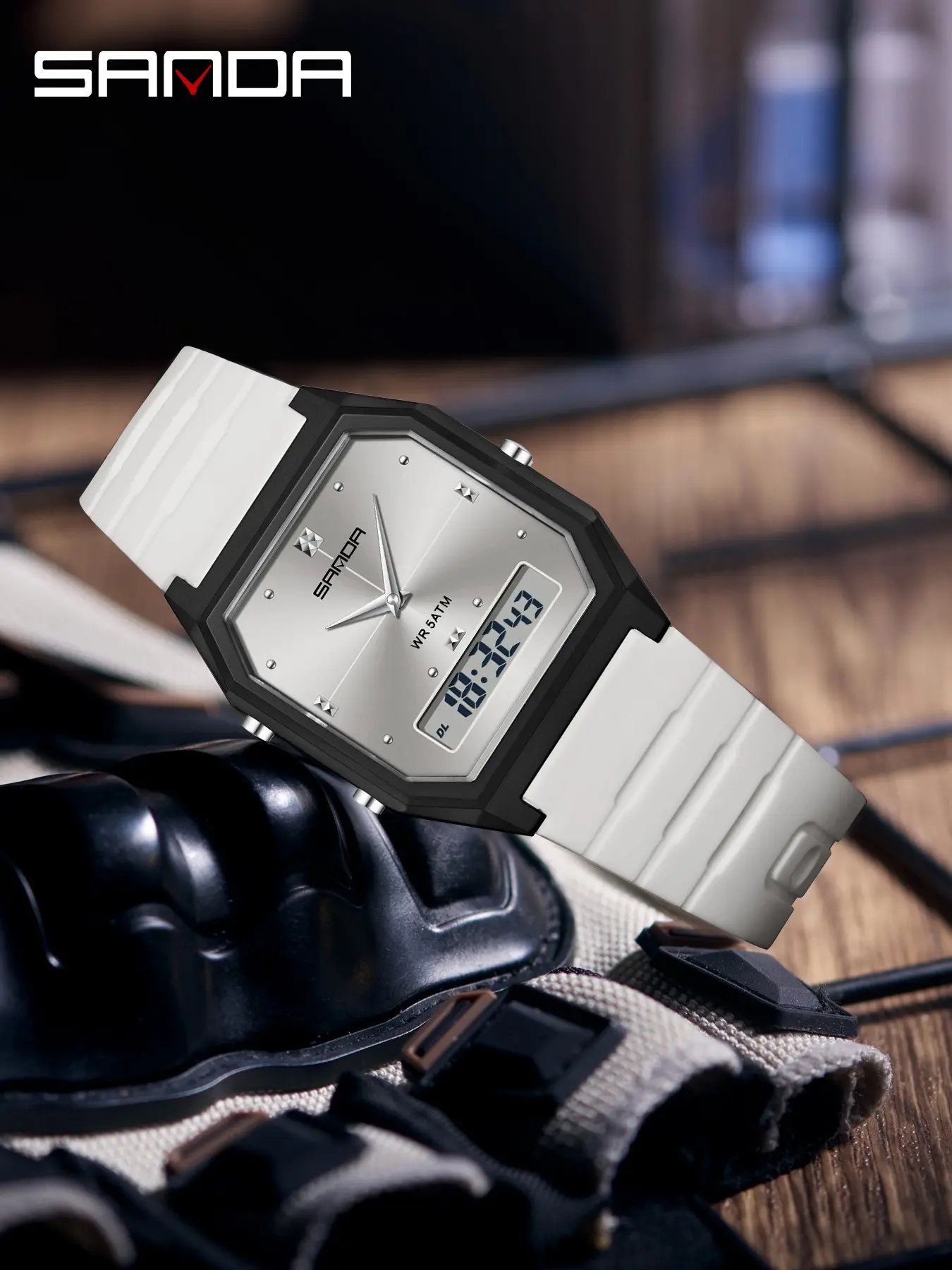 Sanda Dual Display Digital Watch, Analog Digital Watch, Water Resistant Wristwatch, Waterproof Sports, Sporty Waterproof Watch, 3 Time Zone, Luminous Alarm, Multi-Function, Student Electronic Watch, Multifunctional Watch