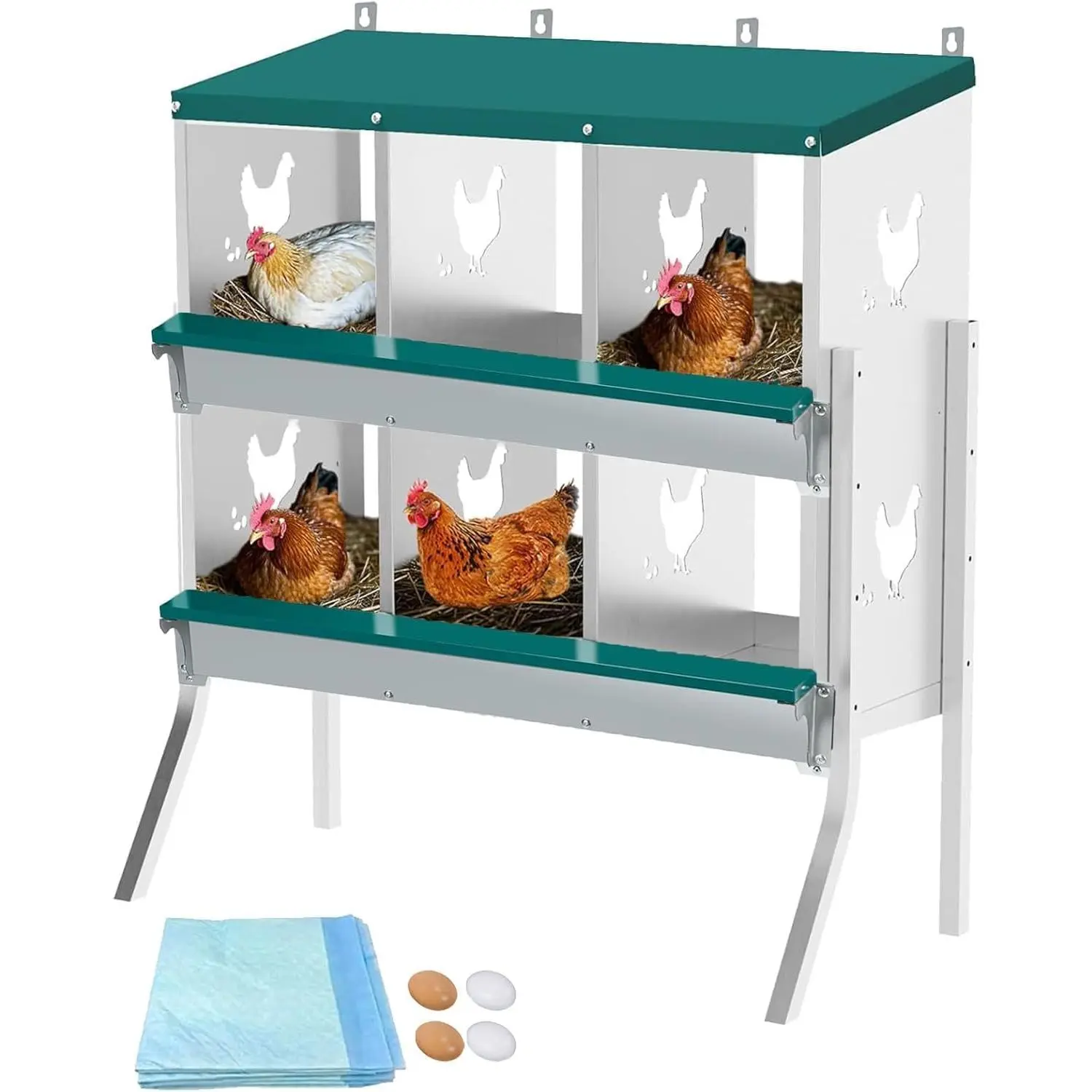 6-Cell Galvanized Steel Chicken Nesting Box – Wall-Mount Rustproof Laying Station with Ventilation, 4 Artificial Eggs & 10 Soft Nest Liners, Easy Egg Retrieval & Simple Cleaning