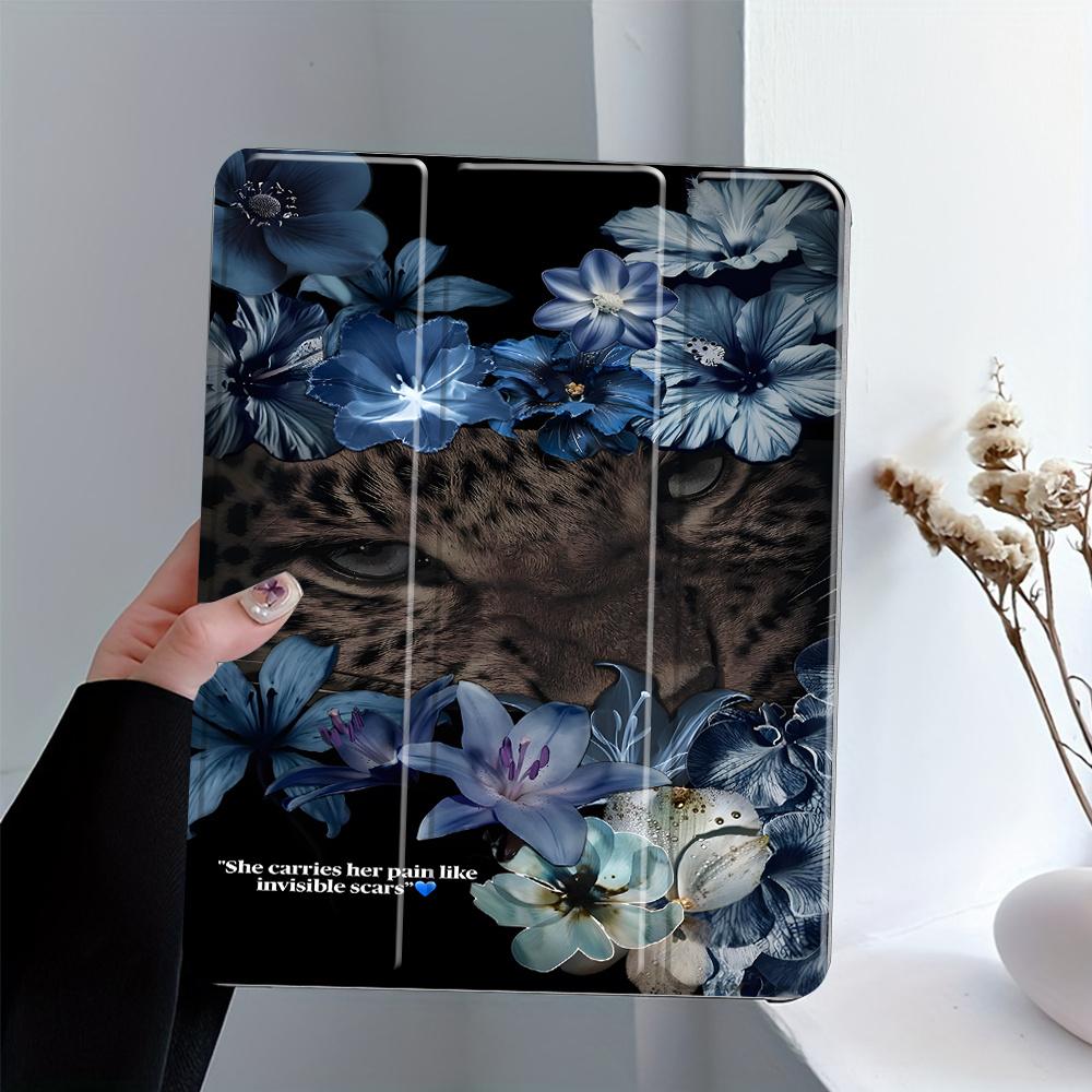 A Tri-Fold Protective Case with a Blue Cat Pattern And a Slot for a Pencil, Compatible with for Ipad Models 11/10/9/8/7/6/5, for Ipad Air 7/6/5/4/2/1, for Ipad Pro 2024/2020/7/6/5/4/3, for Ipad Mini 7/6, Mini 5/4