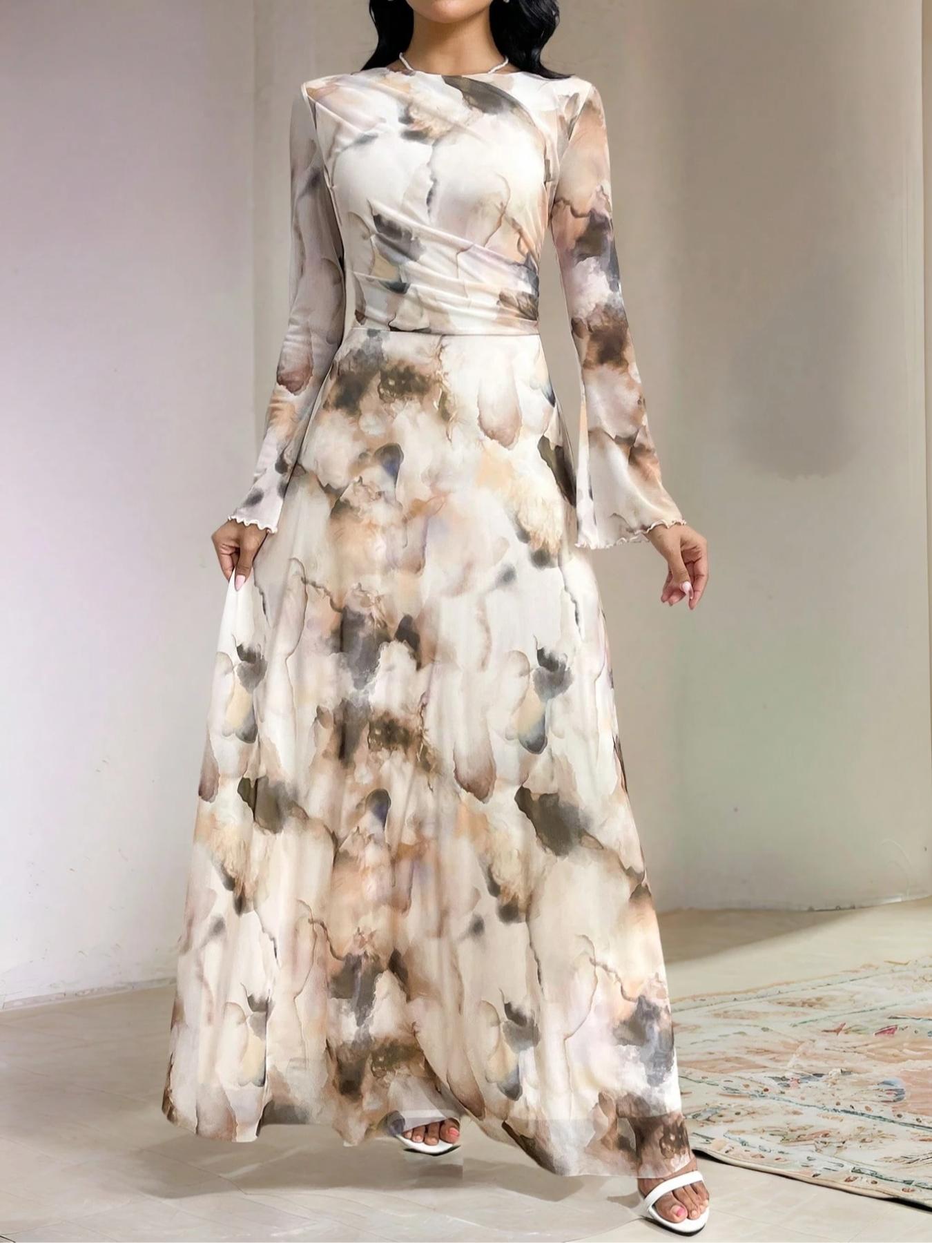 Elegant Women's Tie-Dye Print Long Sleeve Round Neck Maxi Dress, Party Wear Formal Gown, Ladies Fashionable Chic Evening Dresses