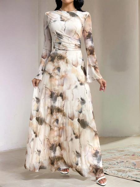 Elegant Women's Tie-Dye Print Long Sleeve Round Neck Maxi Dress, Party Wear Formal Gown, Ladies Fashionable Evening Dresses, Floral Dress