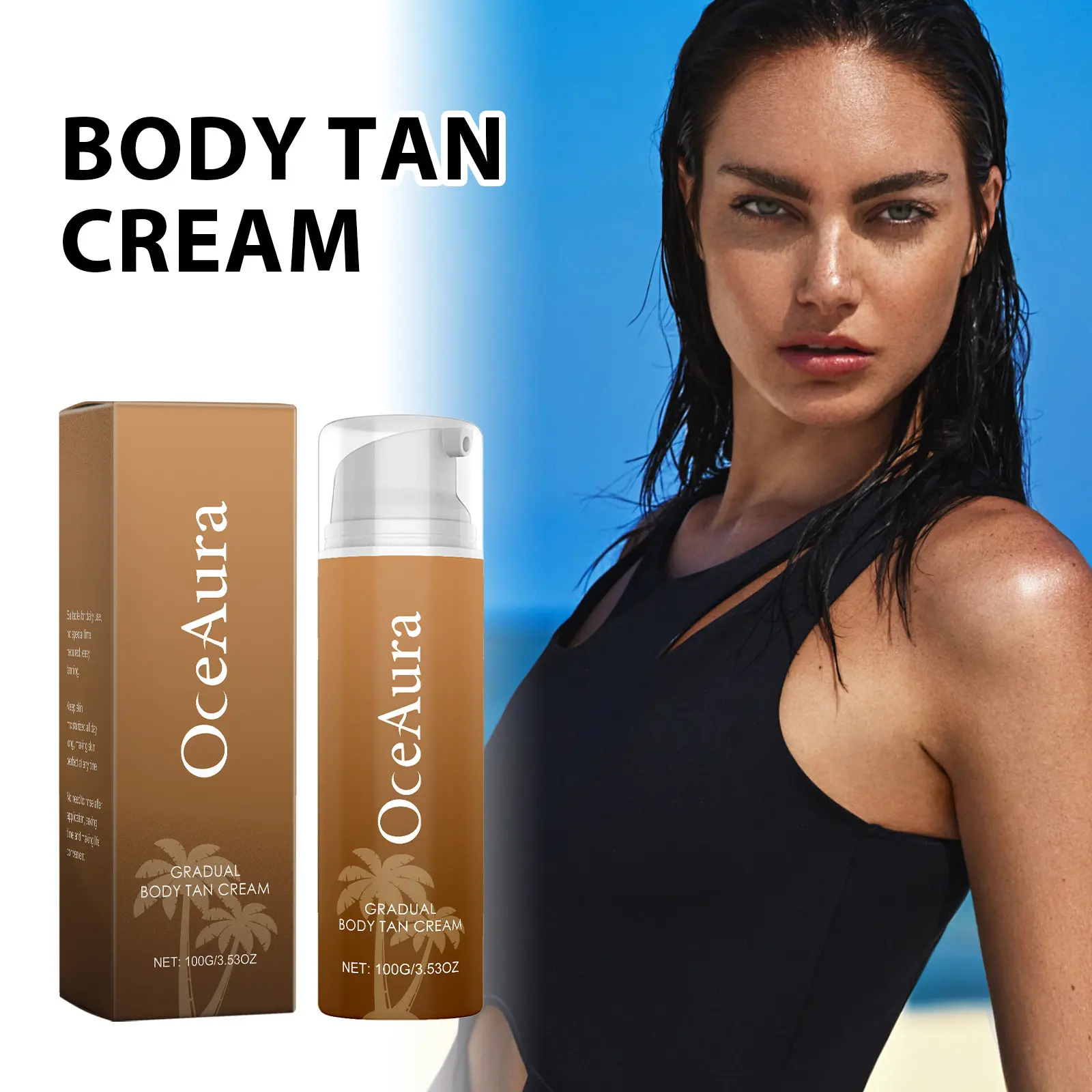 Oceaura Gradual Tan Body Lotion 100g, Gentle Natural Sunless Bronzer, Moisturizing Nourishing, Pump Dispenser, Beach Vacation Summer Skin Care