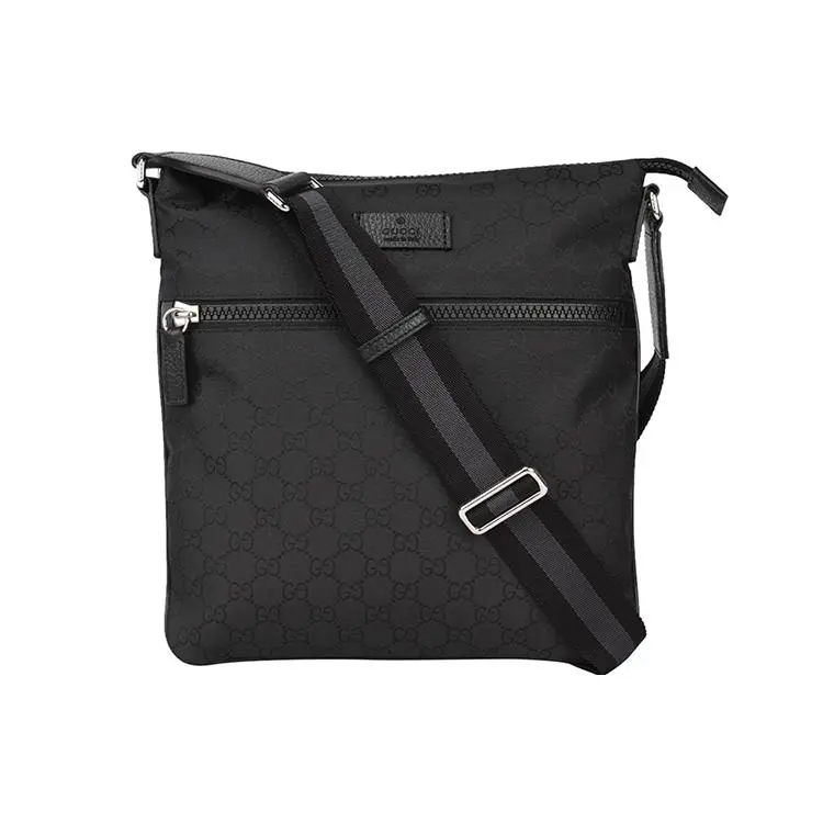 Gucci Monogram Leather-Trimmed Nylon Messenger Bag for Men, Striped Strap, Black