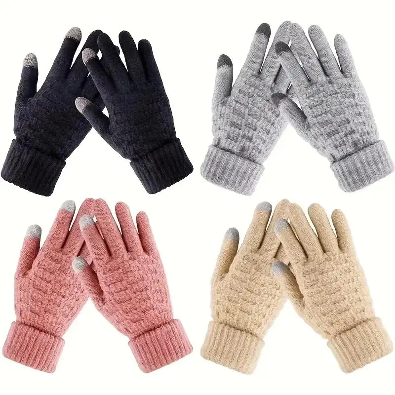 Warm Touchscreen Knitted Full Finger Gloves 4-Pack Unisex Set, Cold Weather Casual Winter Mittens, Fashion Hand Warmers Great For Outdoor Walking, Driving & Everyday Styling