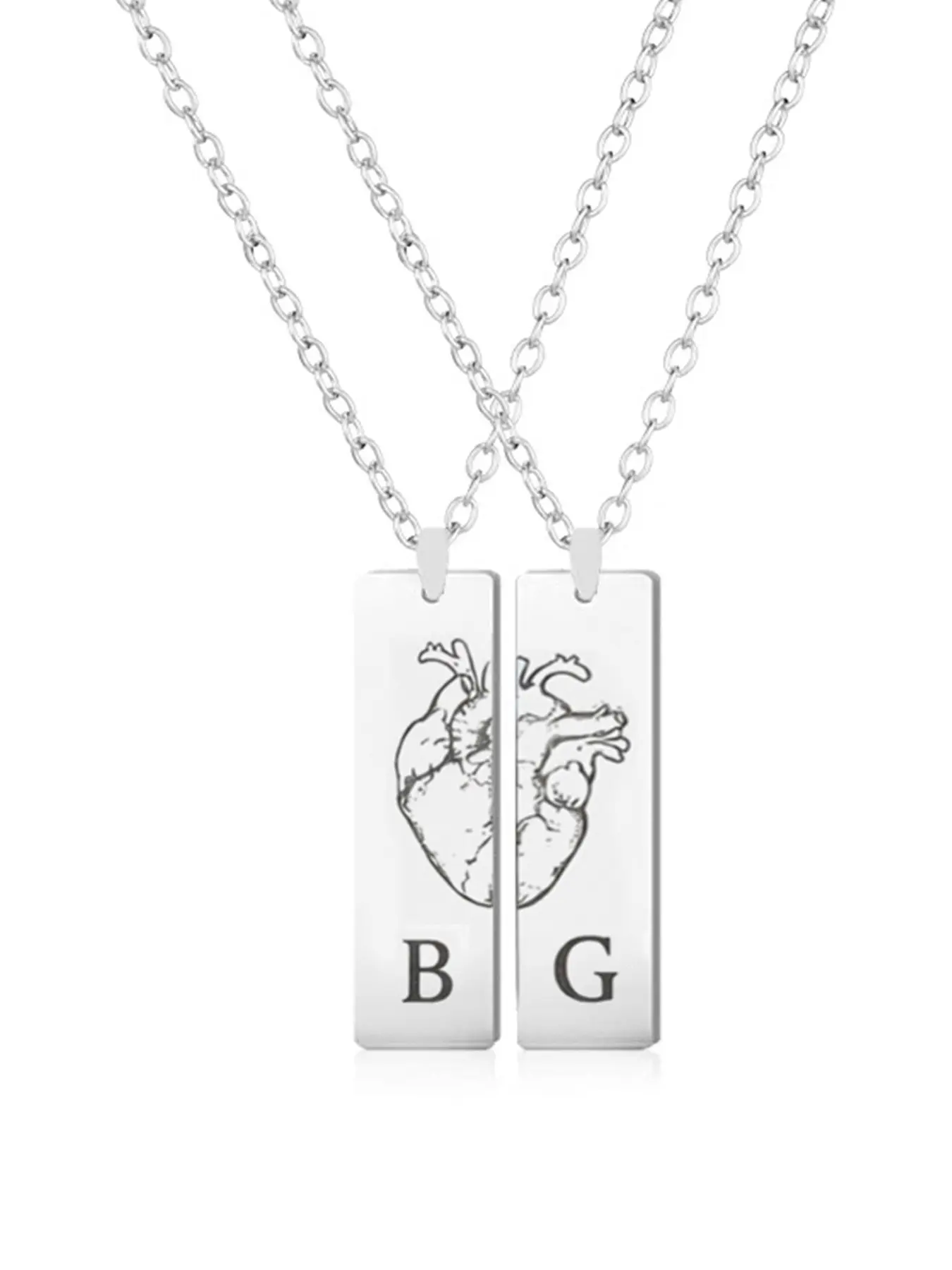 Couple Matching Split Anatomical Heart Necklace Set, Bar Pendant with Initial Engraving, Personalized Heart-Split Jewelry for Lovers