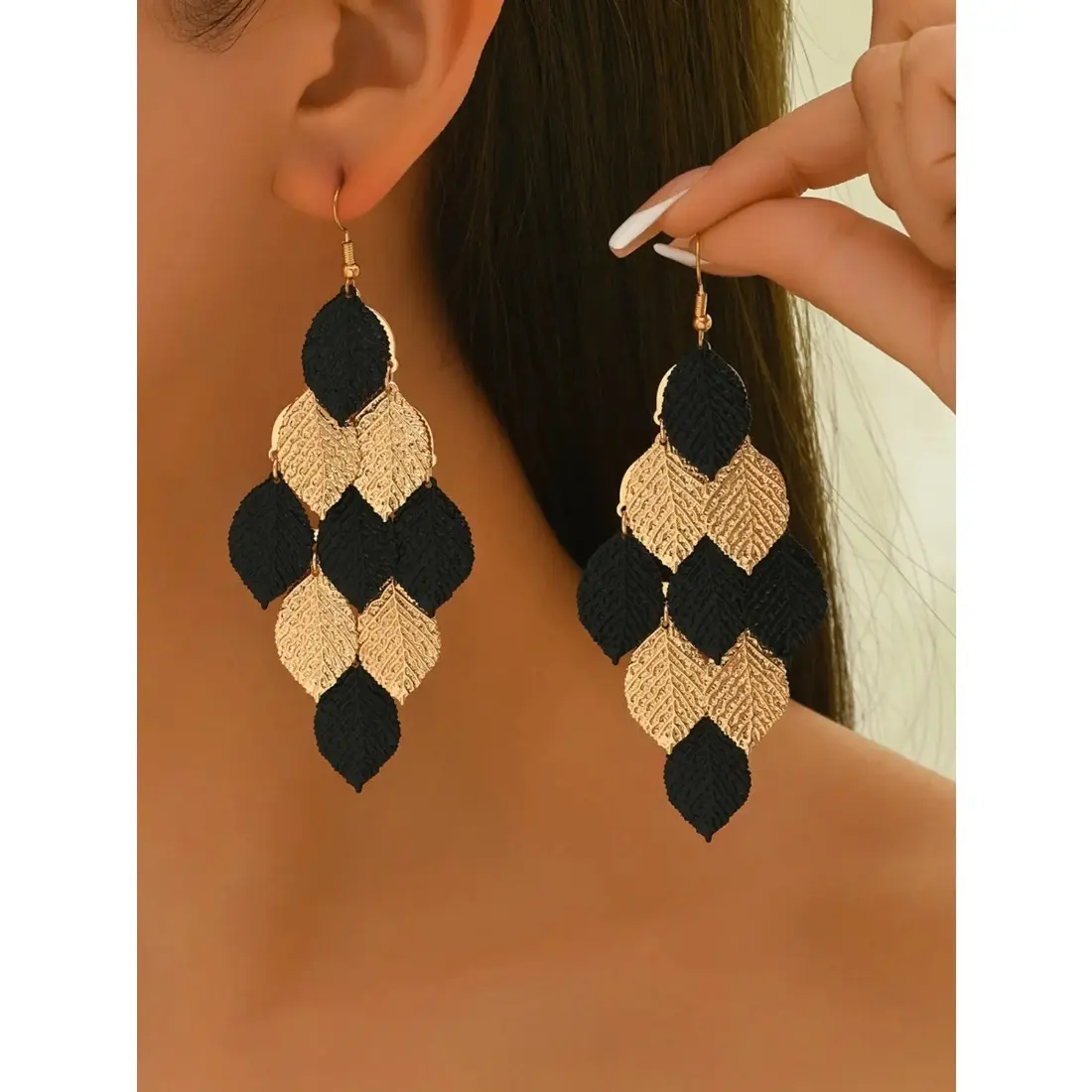Women's Fashion Dangle Earrings, Unique Design Earrings, Bohemian Metal Style Golden Leaf Color Block Layered Tassel Design, Boho Style Jewelry, Perfect for Parties & Weddings, Jewelry Gifts