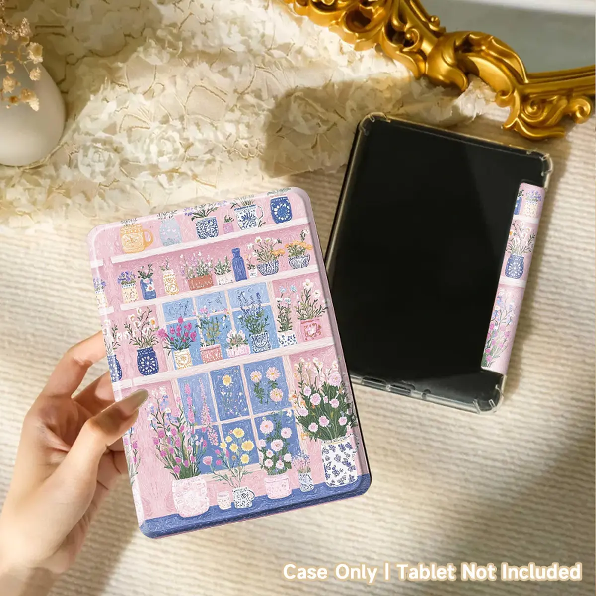 Premium PU Leather Flip Kindle Case with Transparent TPU Back - Floral Pattern, Automatic Wake/Sleep, Hand Strap - Tablet Accessory Shell for 6"/6.8"/7" Kindles, Accessories