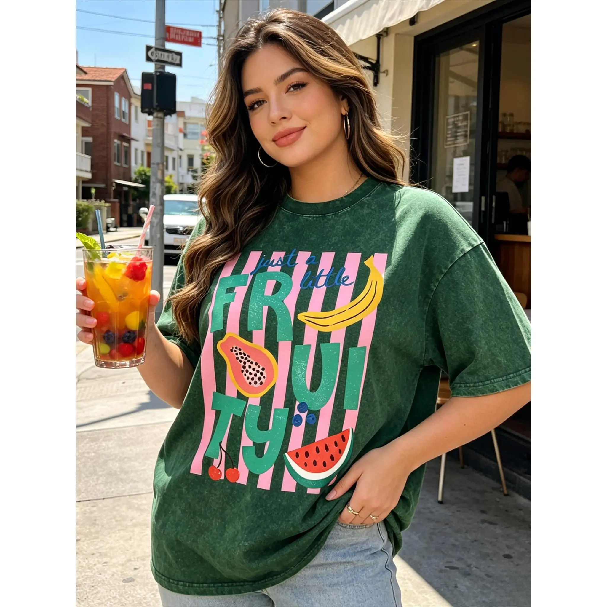 Just A Little Fruity Colorful Fruit Banana Watermelon Papaya Cherry Graphic Washed Oversized T-Shirt,Cotton Soft Breathable Skin Friendly Casual Tee, Viral Y2K Summer Cute Pastel Streetwear For Women Teen Girls, Loose Drop Shoulder Vacation Beach Top