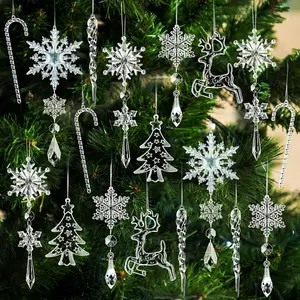 18-Piece Transparent Crystal Christmas Tree Ornaments, Shatterproof Ice Stripe Snowflake Acrylic Icicle Decorations for Holiday Wedding