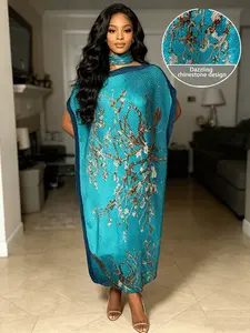 Turquoise Plum Blossom Branch Hot Drill Rhinestone Kaftan Two Piece Set With Matching Neck Scarf, Oversized Split Hem Maxi Evening Gown, Luxury Home Cocktail Formal Dress, Fits Plus Size Curvy Figures