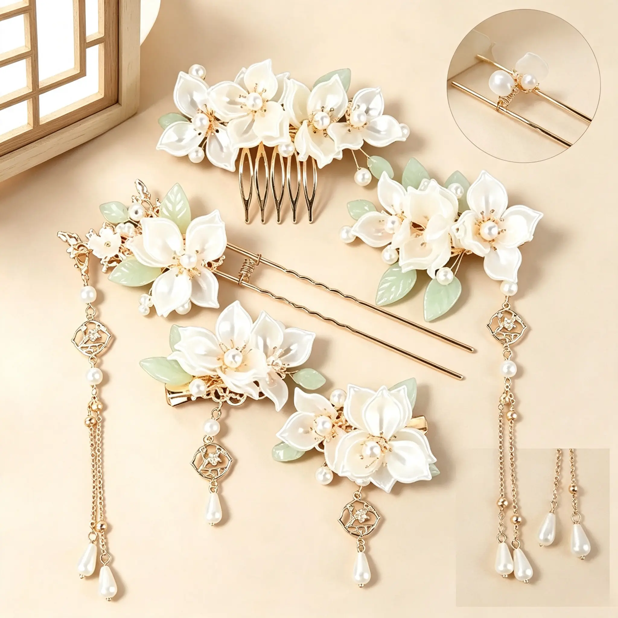 5Pcs White Camellia Hanfu Hair Accessories Set, Pearl Tassel Floral Hairpins, Hair Combs & Hair Clips, Vintage Chinese Style Alloy Hair Ornaments, Ideal For Wedding, Photoshoot, Cosplay & Formal Occasions