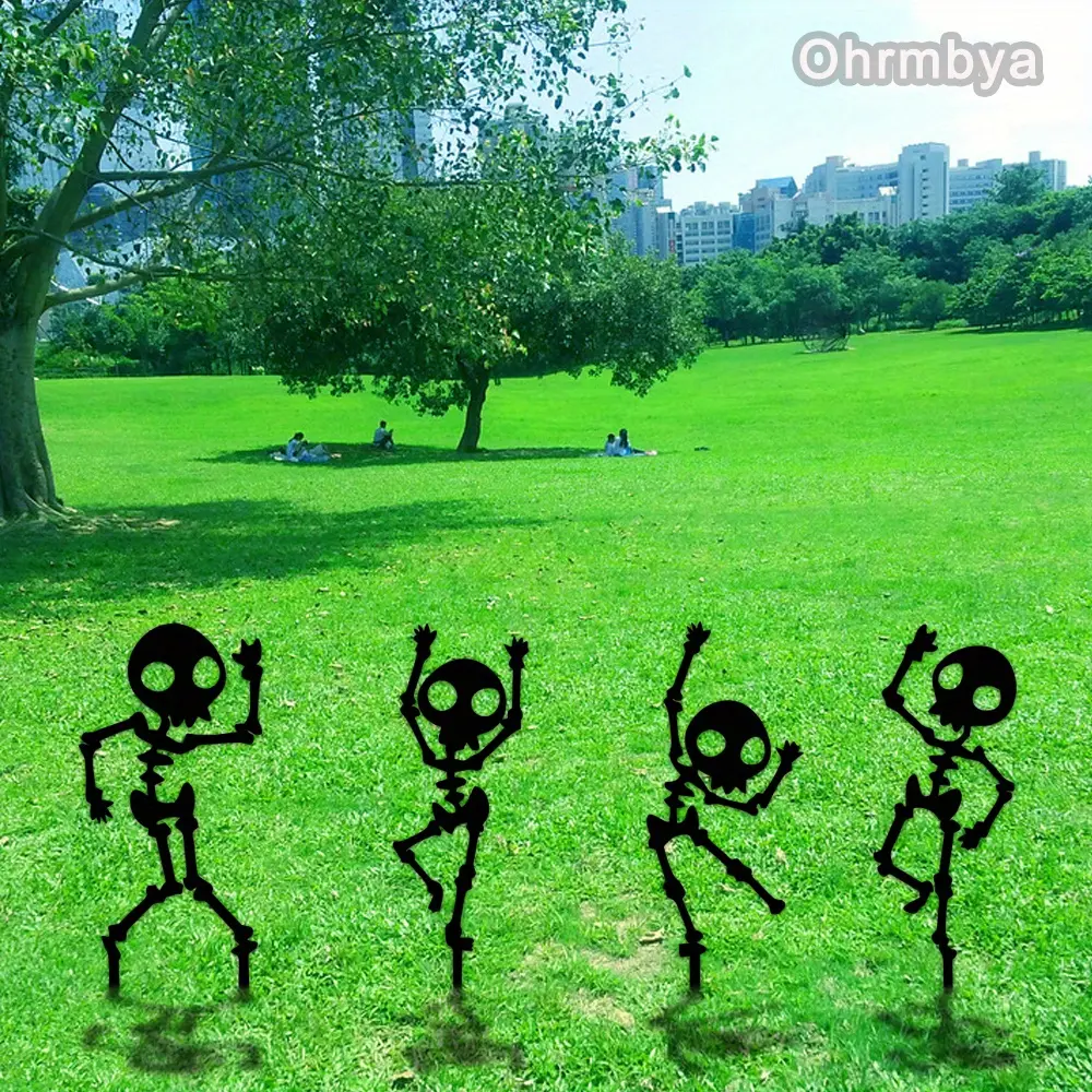 Dancing Skeleton Garden Stakes 4 Piece Set, Weatherproof Metal Yard Art, Halloween Decor in, Silver Color