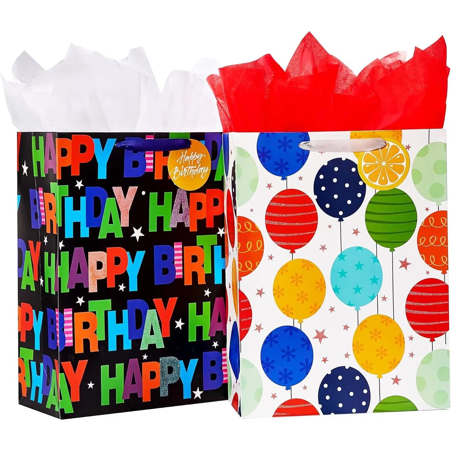 2 Pack 16.5" Large  Bag with Tissue Paper for Happy Birthday (Balloons)