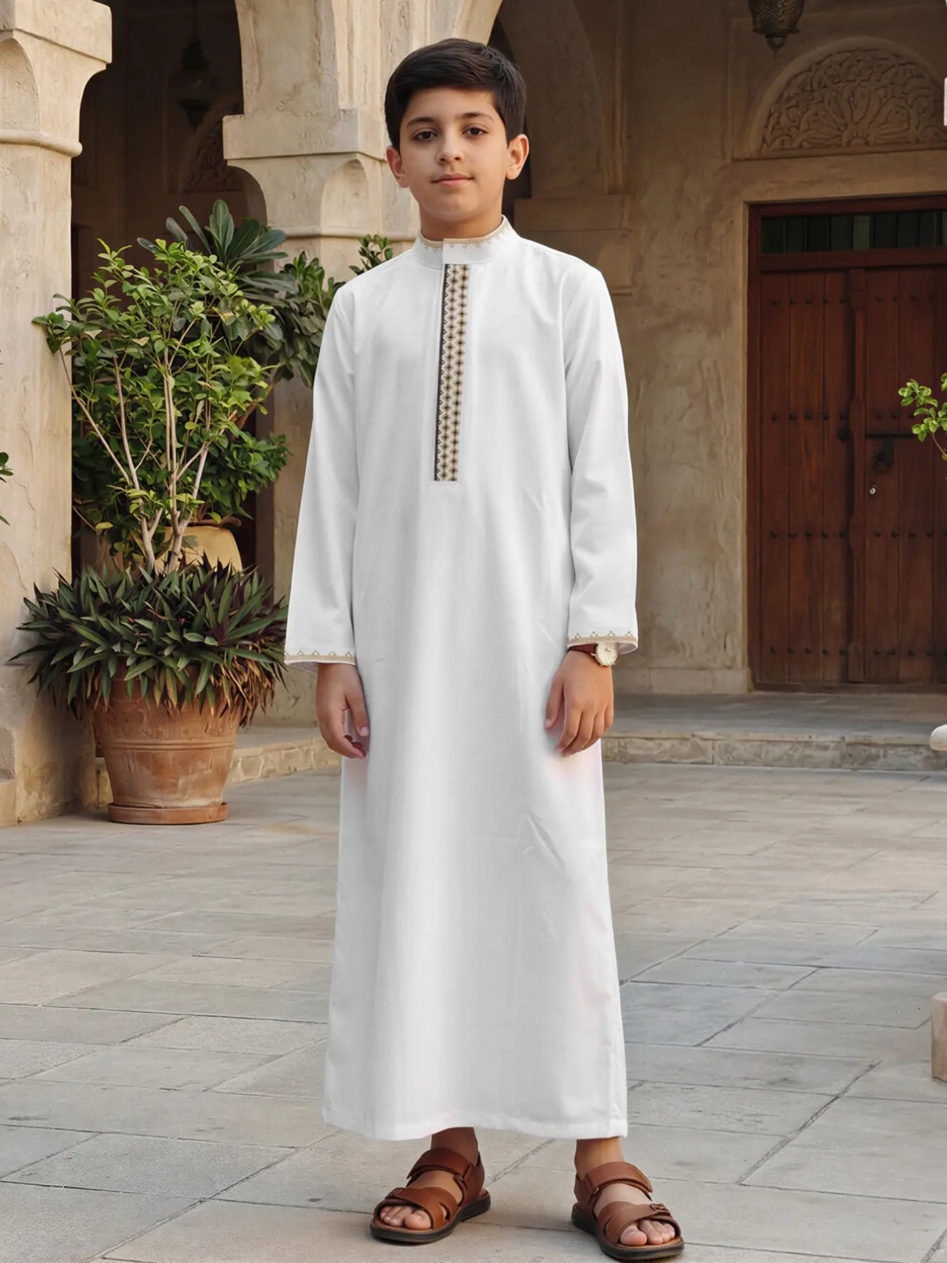 Arabian Boy High-Quality Embroidered Thobe, Arabic Clothing, Stand Collar Long Sleeve Button Front, Side Pockets, Suitable for Boys Aged 8-12 Years