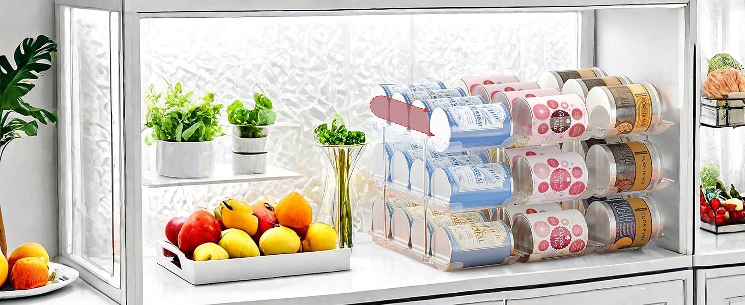 Can Organizer for Pantry - 3 Sets of 3 Tiers, Automatic Rolling Stackable Canned Food Organizer for 36 Cans, Clear Design Racks