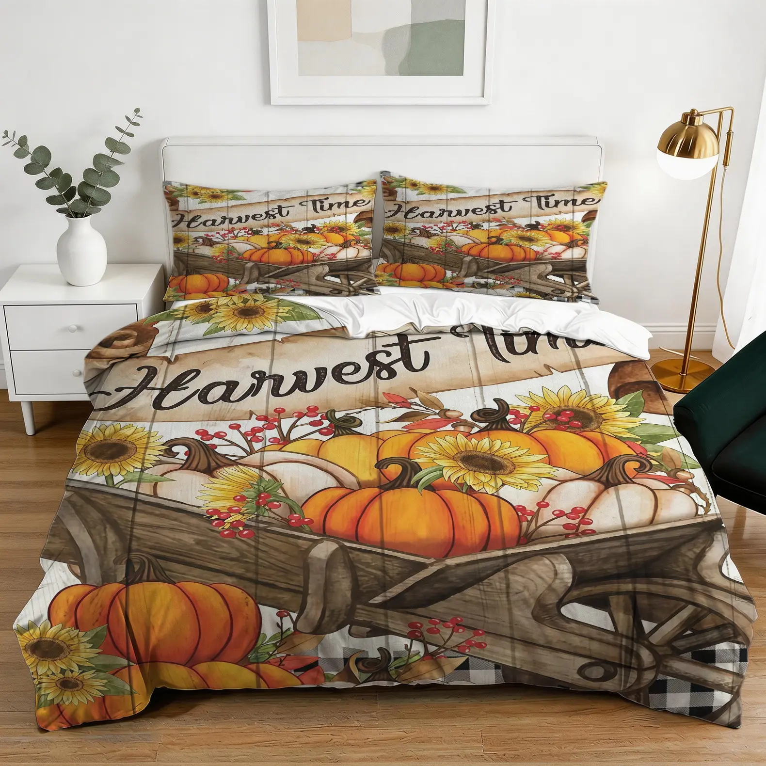 Pumpkin And Sunflower Pattern Duvet Cover Set, Autumn Pastoral Style Bedding Set (1 Duvet Cover + 1/2 Pillowcase, No Filler Included), Suitable For Teenagers, Adults, Guest Rooms, Dormitories, And Master Bedroom Scenarios
