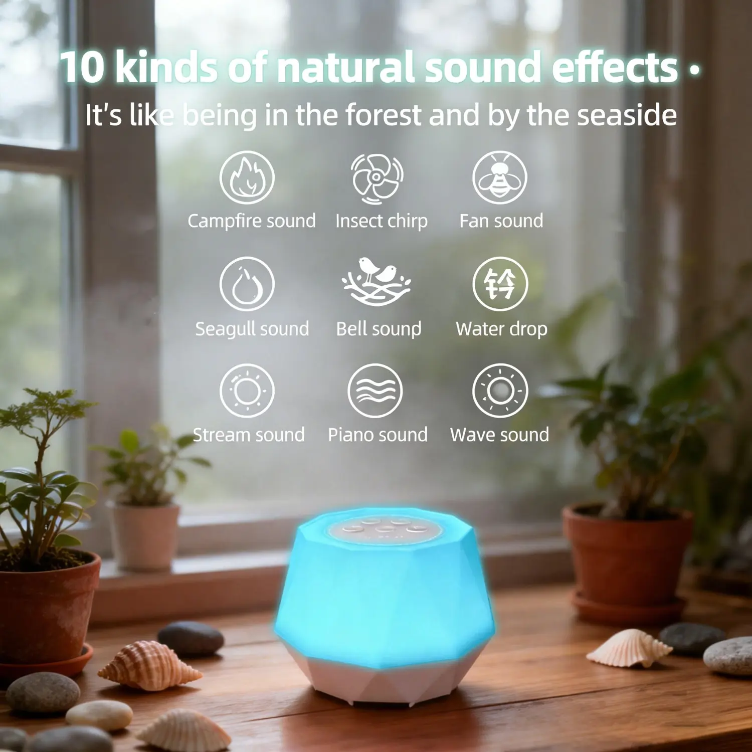 Portable Wireless Speaker - Mini Plastic Water-Resistant White Noise Device with 7-Color Ambient Light Effects, 10 Soothing Sounds, Adjustable Brightness, Memory Recall, Glow + Sound Combo, Compact Design, for Smartphones/Tablets, Father's Day Gift