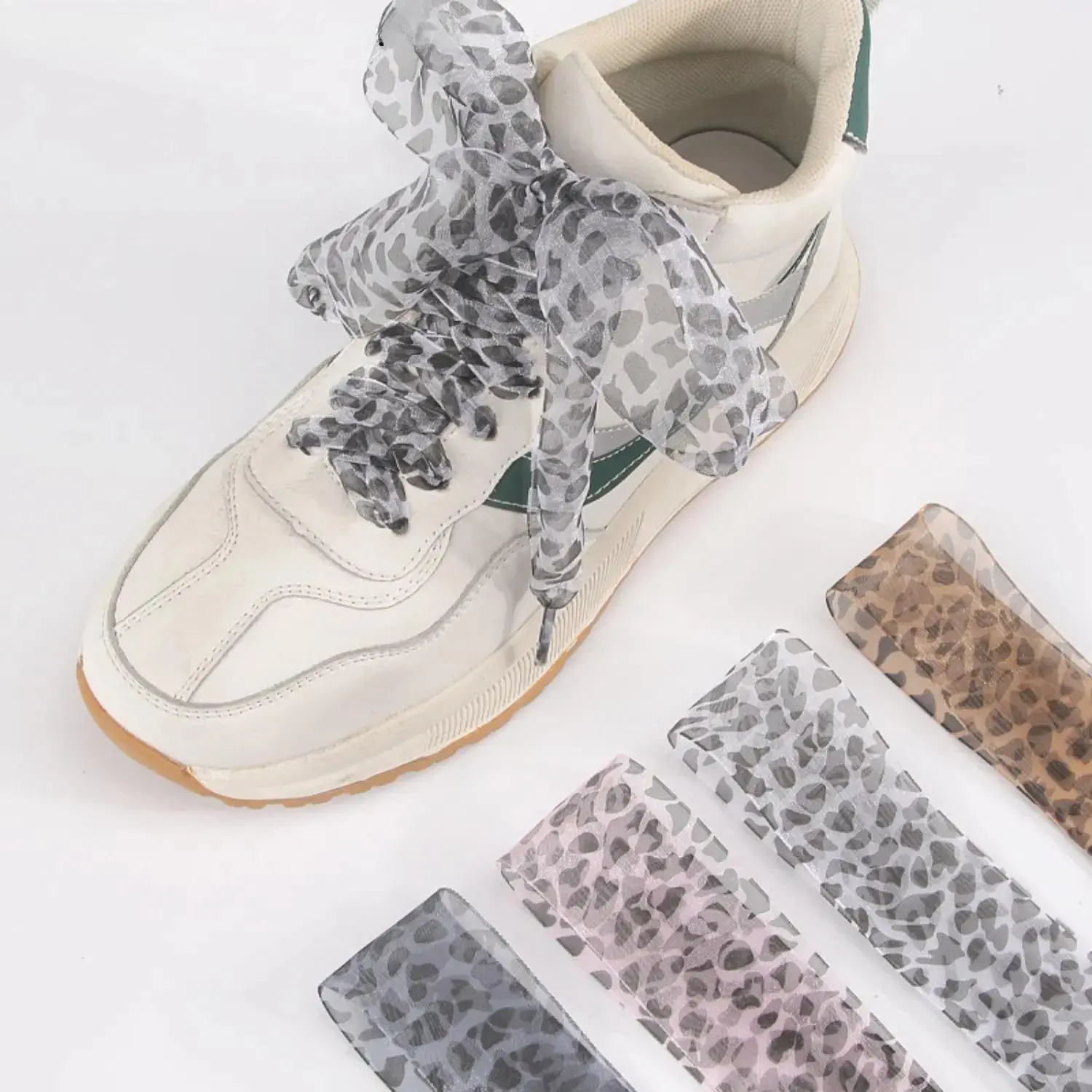 Coquette Leopard Print Shoelaces for Women, 4cm Extra-Wide Sheer Organza Ribbon for a Casual Streetwear Look & Footwear Decor, No, Black Leopard Print, Parties, Female, Ootd Upgrade Accessories, No Warning Applicable, White Leopard Print