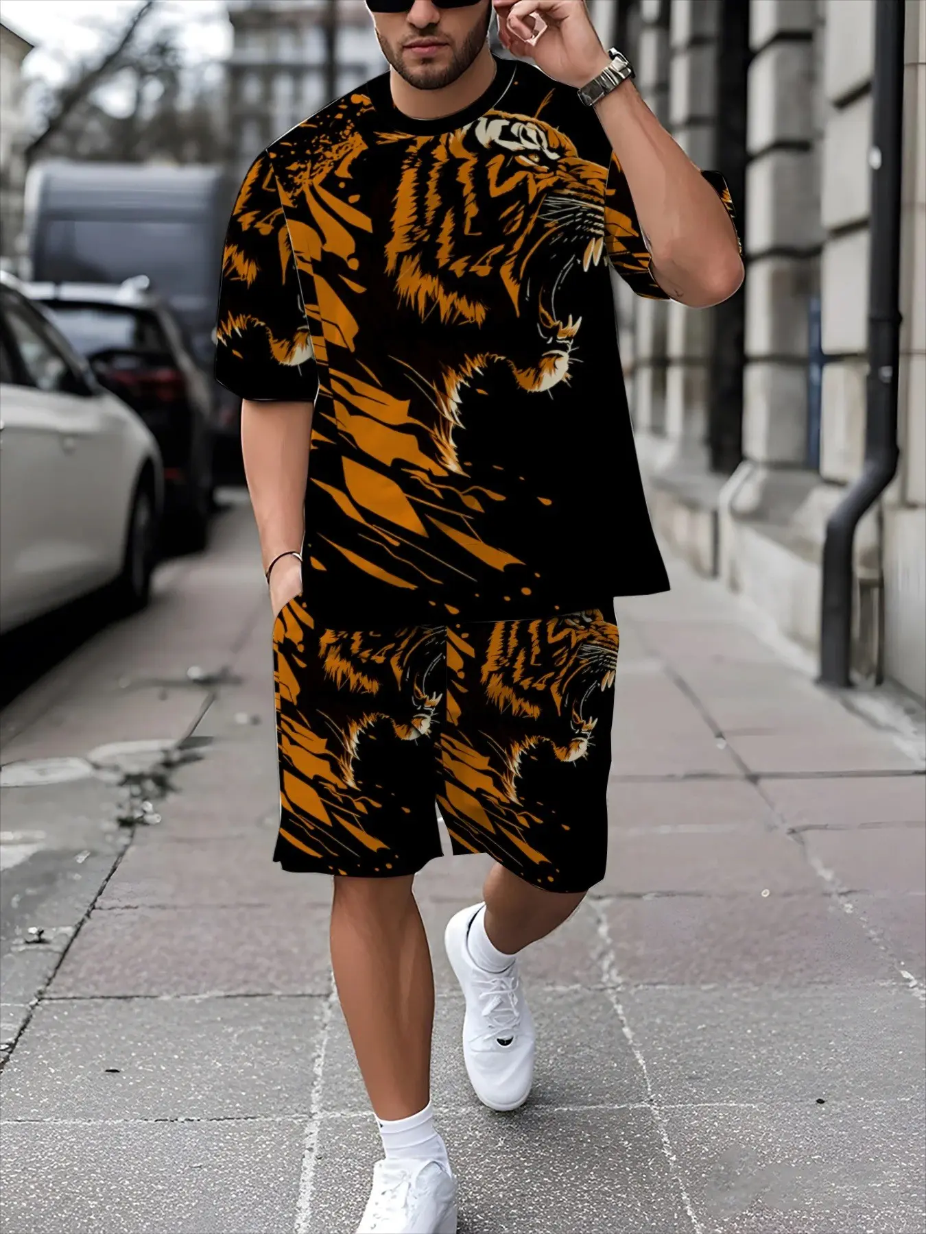 Men's Tiger Print Short Sleeve Tee Set, Casual Slim-Fitting Knee-Length, Trendy Sportswear for All Seasons, Two-Piece Men's Fashion