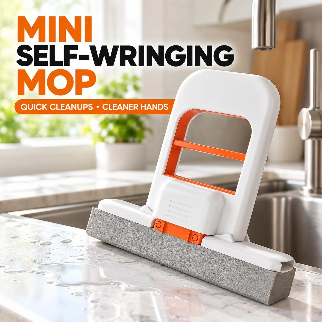 1/2/3pcs Mini Self-Wringing Sponge Mop, Handheld Countertop & Sink Cleaning Tool for Kitchen, Bathroom, Tile, Mirrors and Glass, Absorbent Squeegee Wiper for Quick Spills and Everyday Cleanup, Compact Stand-Up or Hanging Storage, Reusable, White & Orange