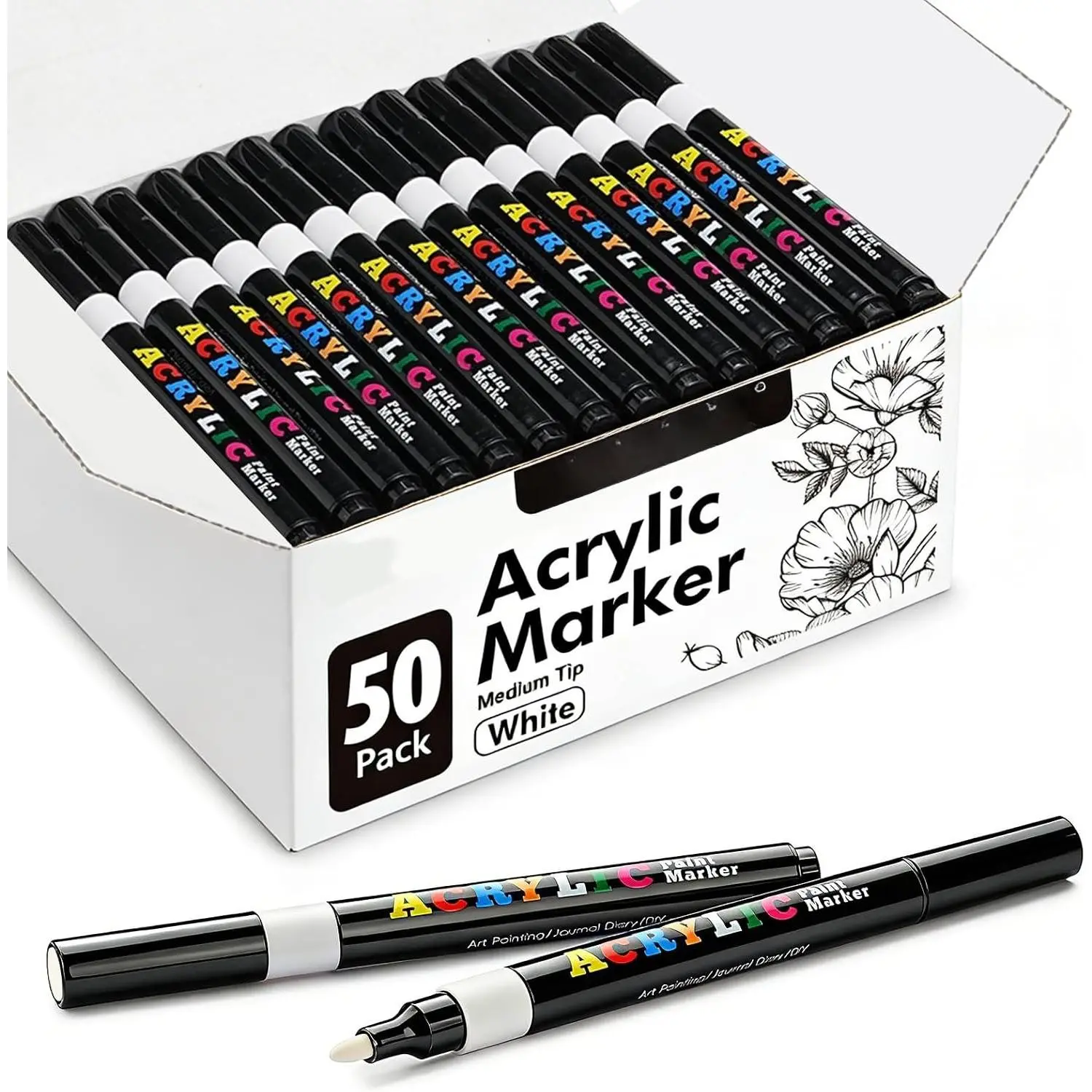 50 Pack White Highlighting Markers Set, Medium Tip Opaque Ink Pens - Quick-Drying Office Stationery for Paper, Glass, Fabric, Rock - Art Supplies for DIY, Artists