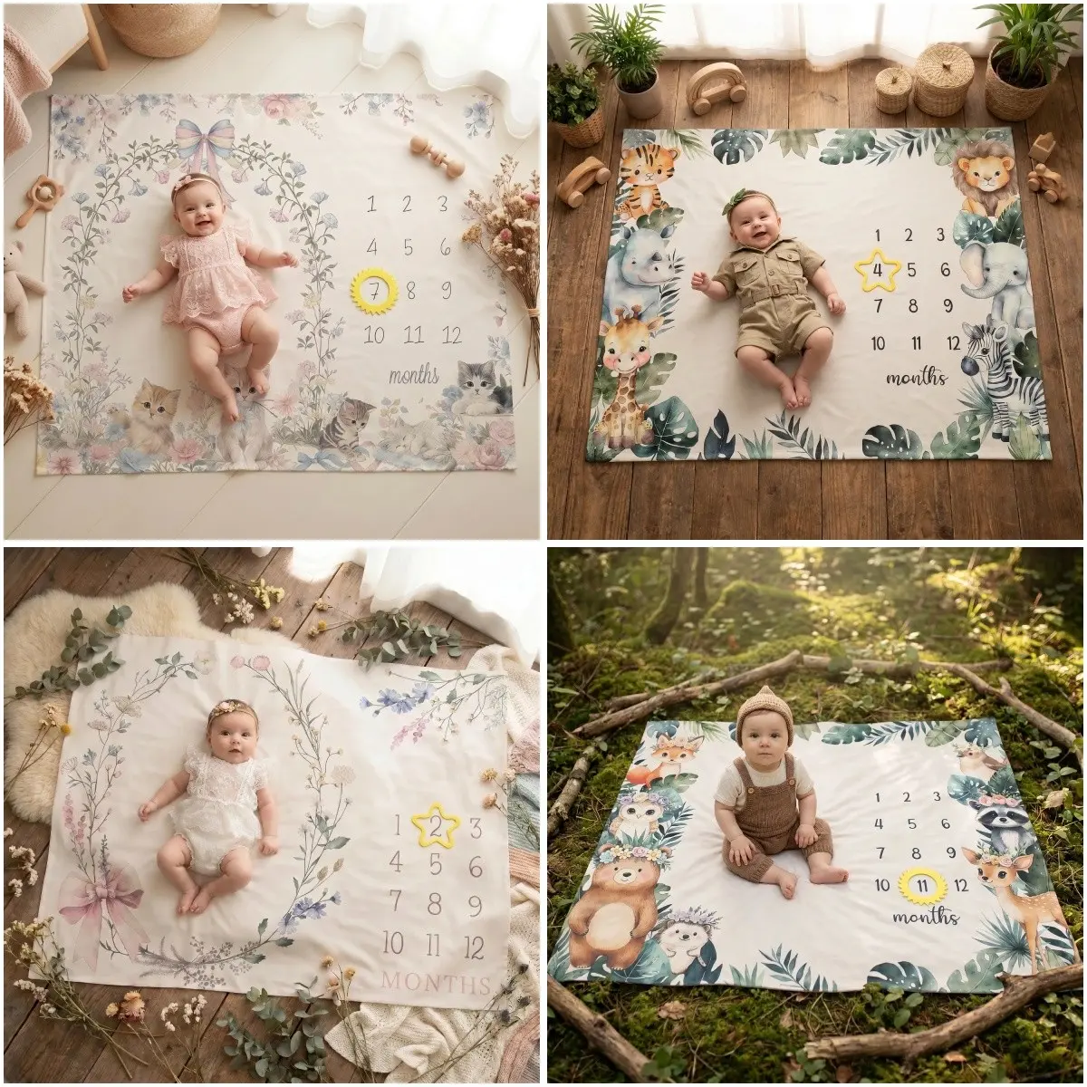 3 Piece Baby Newborn Milestone Blanket Set, Champagne Color, Animal Theme, Monthly Photography Props, Infant Room Rug, Age Calendar Blanket