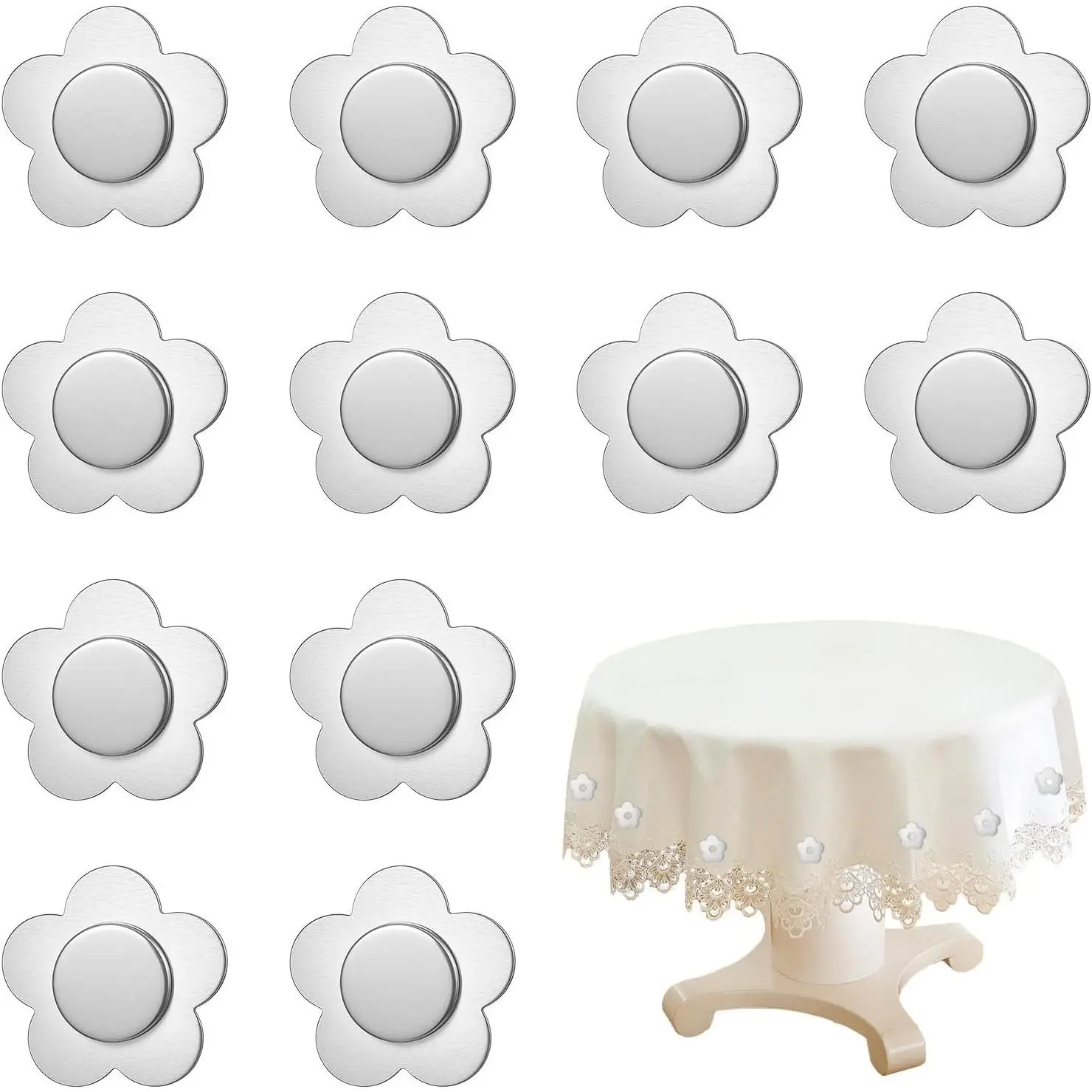 12 PCS Flower Shaped Outdoor Tablecloth Weights, Stainless Steel Table Weights for Tablecloths Windproof Magnetic Clips for Picnic Wedding Party Decor