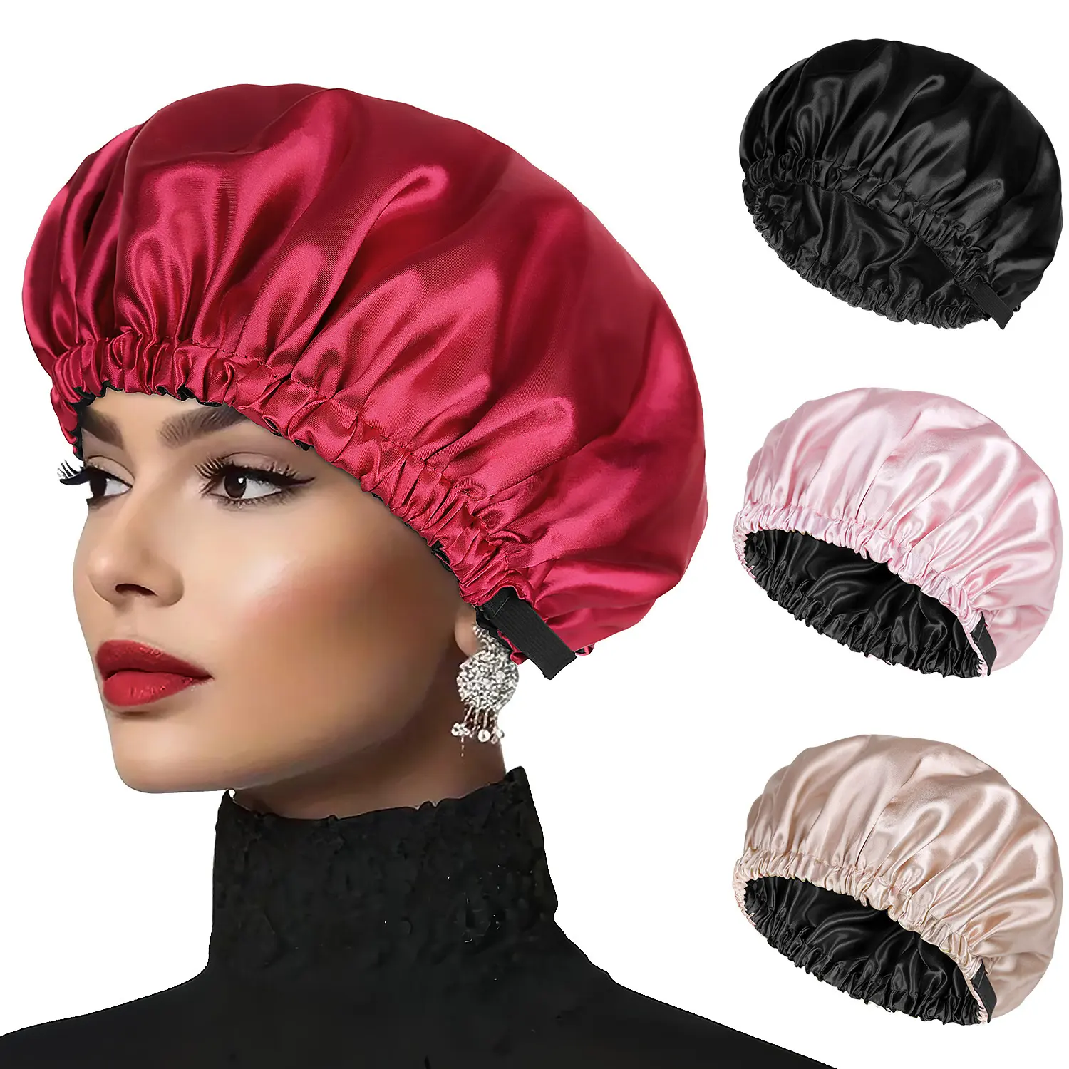 Oversized Double-Layer Imitation Silk Sleep Cap with Adjustable Drawstring, Multipurpose Bath & Maternity Hair Bonnet