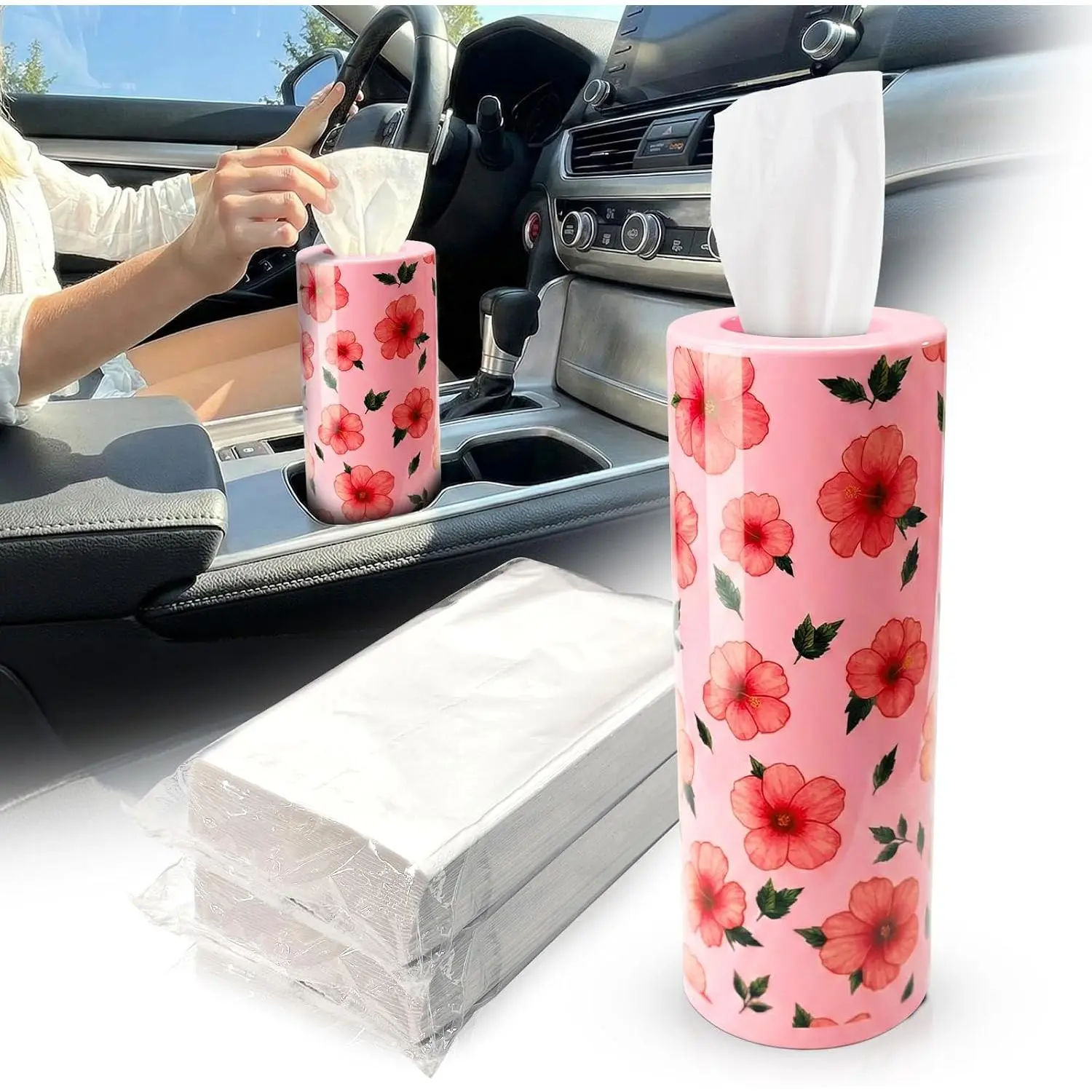 Tissues Cylinder for Cup Holder - Refillable Round Tissues Canister with 2 Packs Tissue - Cute Tropical Floral  Interior Accessories for Women & Men - Hawaiian Style  Decor ( Hibiscus)
