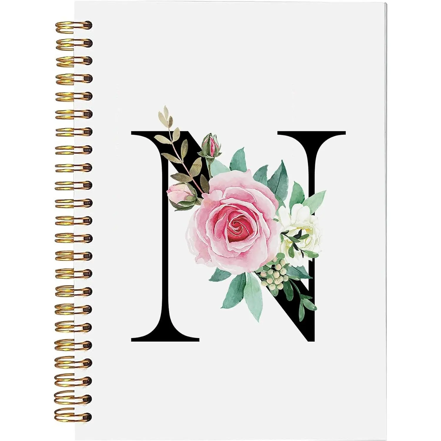 Floral Monogrammed N Spiral Notebooks – Initial Letter N Hardcover Journals, Cute Custom Hardcover Notebook Journal for Writing, Customized Monogram Personalized Gifts for Women/Girls/Teachers
