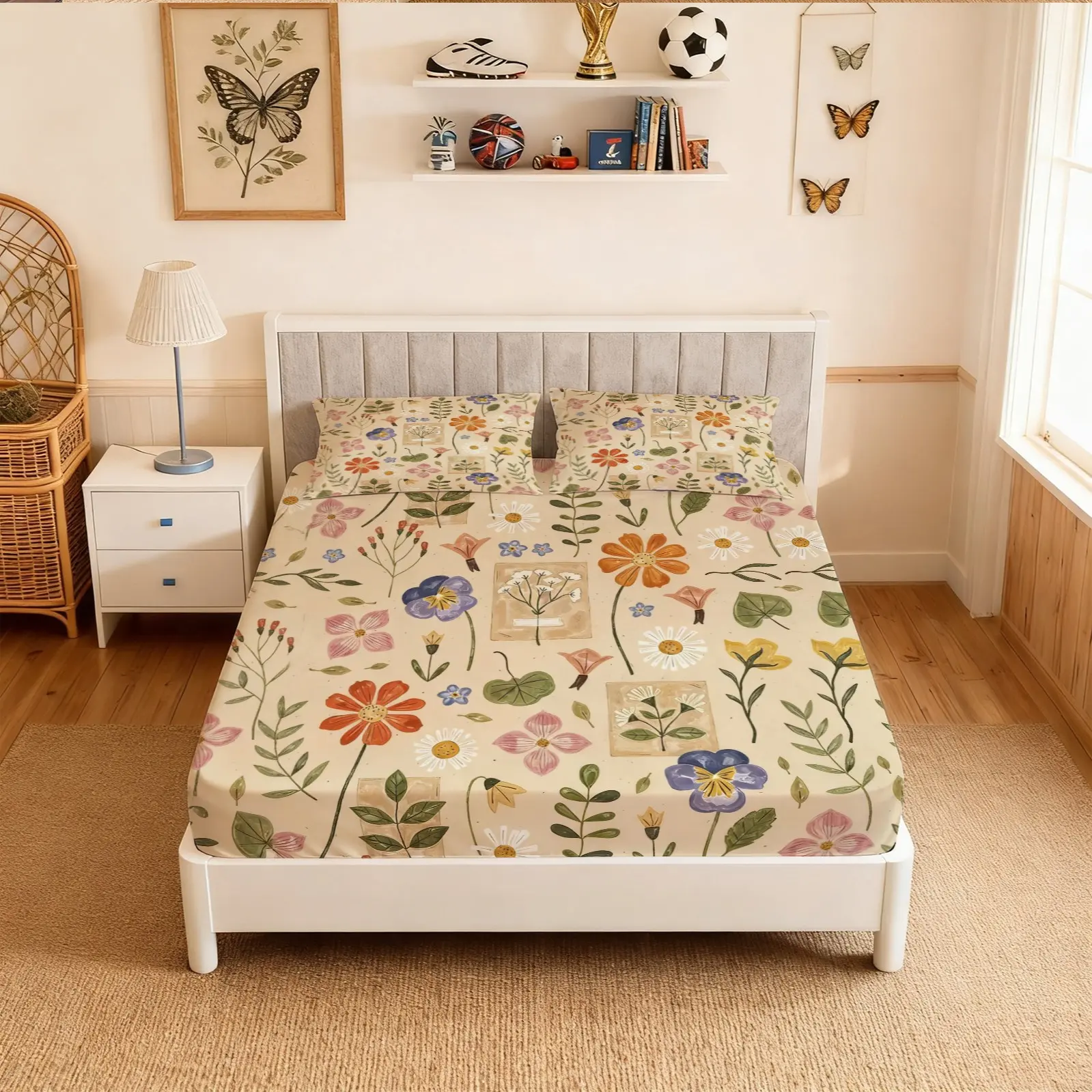 Vintage Floral Fitted Sheet 3-Piece Set (1 Fitted Sheet + 2 Pillowcases, No Pillow Inserts Included), Floral Bedsheets, Cottagecore Botanical Style Deep Pocket Bedding, Soft Breathable Microfiber Fabric, Ideal for Girls’/Teens’ Bedroom Decor