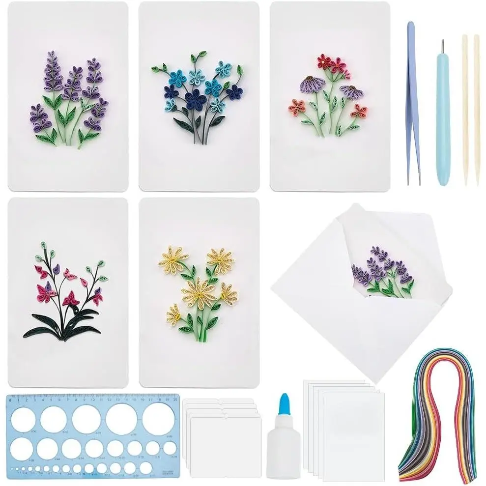 20 Sets Paper Quilling Kit for Adults Beginners 5 Styles Flower Quilling Greeting Card Making Kit with Instruction DIY Unique Flowers Cards for Valentine's Day Wedding New Year's Day