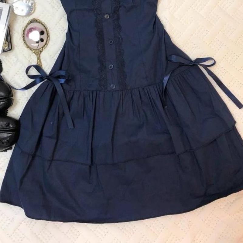 Korean-Style College-Inspired Design Dress Women Summer 2026 New Elegant Petite Lace Patchwork Waist-Cinching Vintage Short Dress