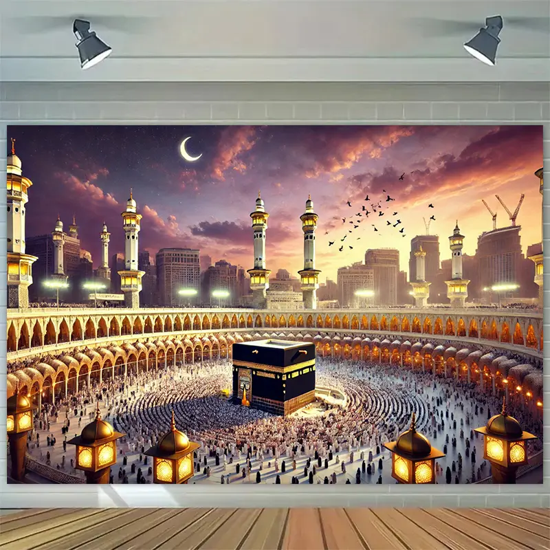 Islamic Mosque Prayer Backdrop Banner Polyester Fabric Tapestry Evening Sky Architecture Photo Background Wall Hanging Party Decor Wedding Birthday Indoor Outdoor Celebration Display Use