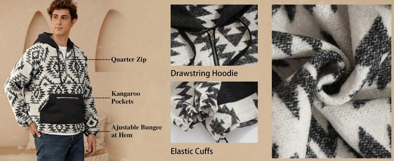 ZAFUL Men's Oversized Hooded Sweatshirt with Quarter-Zip, Ethnic Aztec Print, Loose-Fit Pullover Hoodie with Pockets Casual Streetwear Casual Streetwear Looks