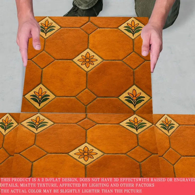 2D Flat, 10pcs PVC Leather Floor Tiles- Mexican-Style  Terracotta Painted Flower Tile Style Floor Stickers, Self-Adhesive And Removable Design, Suitable Kitchen, Art Living Room Decoration, 11.81X11.81 Inch Size Is Widely Applicable, 2D Flat