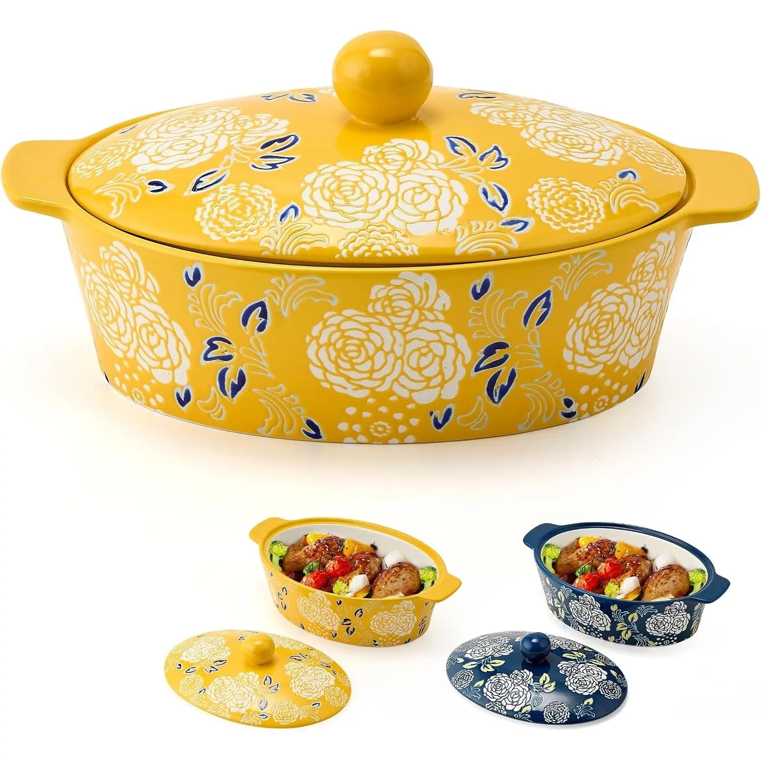 Yellow Ceramic Oval Casserole Dish with Lid - Bakeware for Oven Cooking, Bread Baking, Ideal for Housewarming Christmas Gifts, Oval Shape