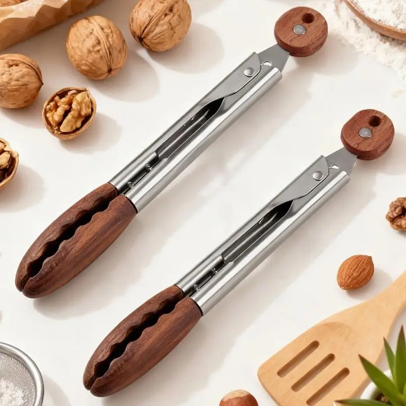 2-Pack 9-in Round Cooking Tongs with Walnut Wood Handles & Stainless Steel Jaws, Ergonomic Utensils for Salad & Barbecue Use, Round Shape, Thick, Kitchen Supplies, Metal, Hanging, Concave Grip, Specialty Kitchen Utensils, Reinforced Jaw, Metallic, Salad B