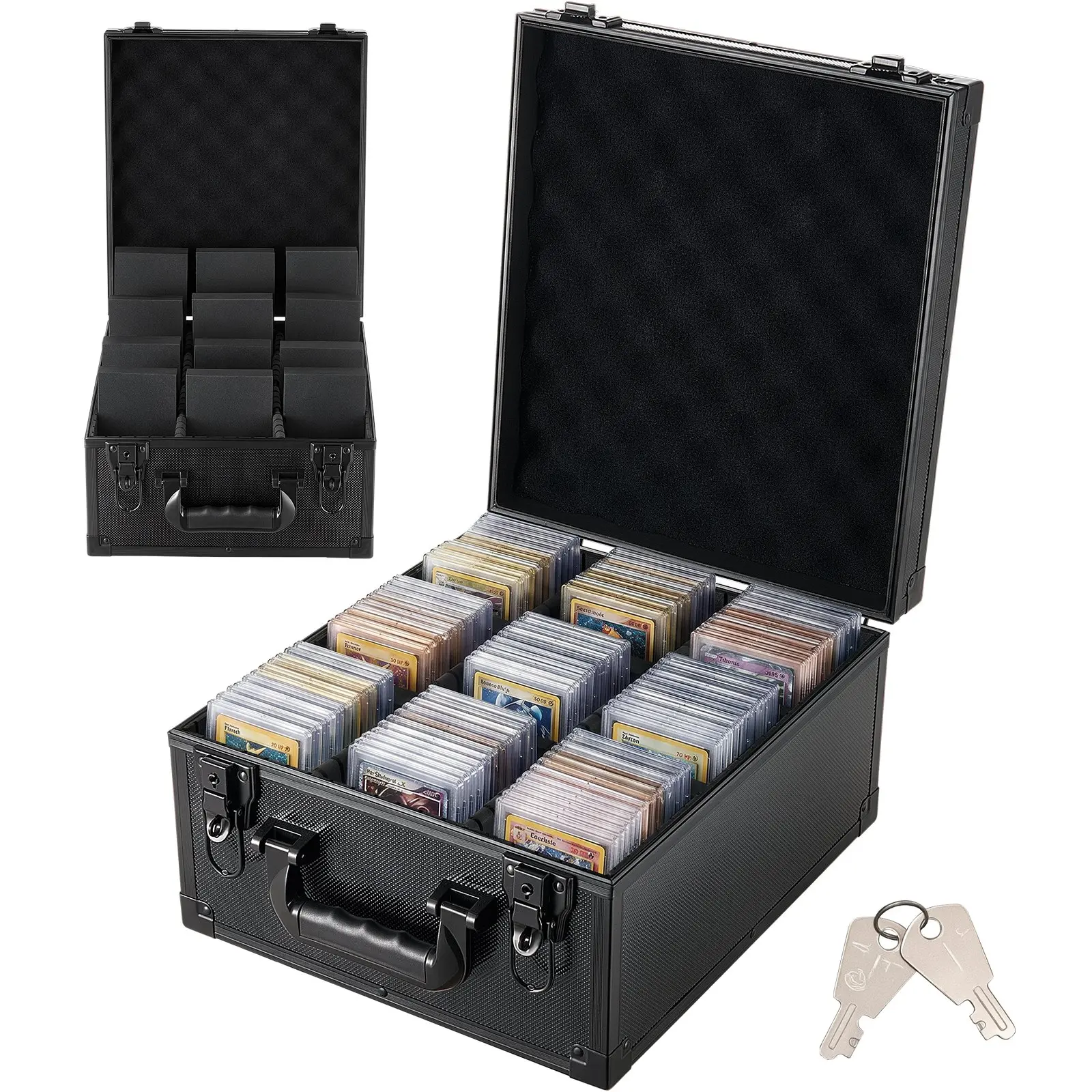 VEVOR Graded Card Case 3 Row 150 PSA Slab Storage Box with Secure Lock, Baseball Sports Trading Cards Holder Collector with 12 Dividers, Key, Holds 100 SGC 80 BGS 500 Top Loaders 999+ Loose Cards