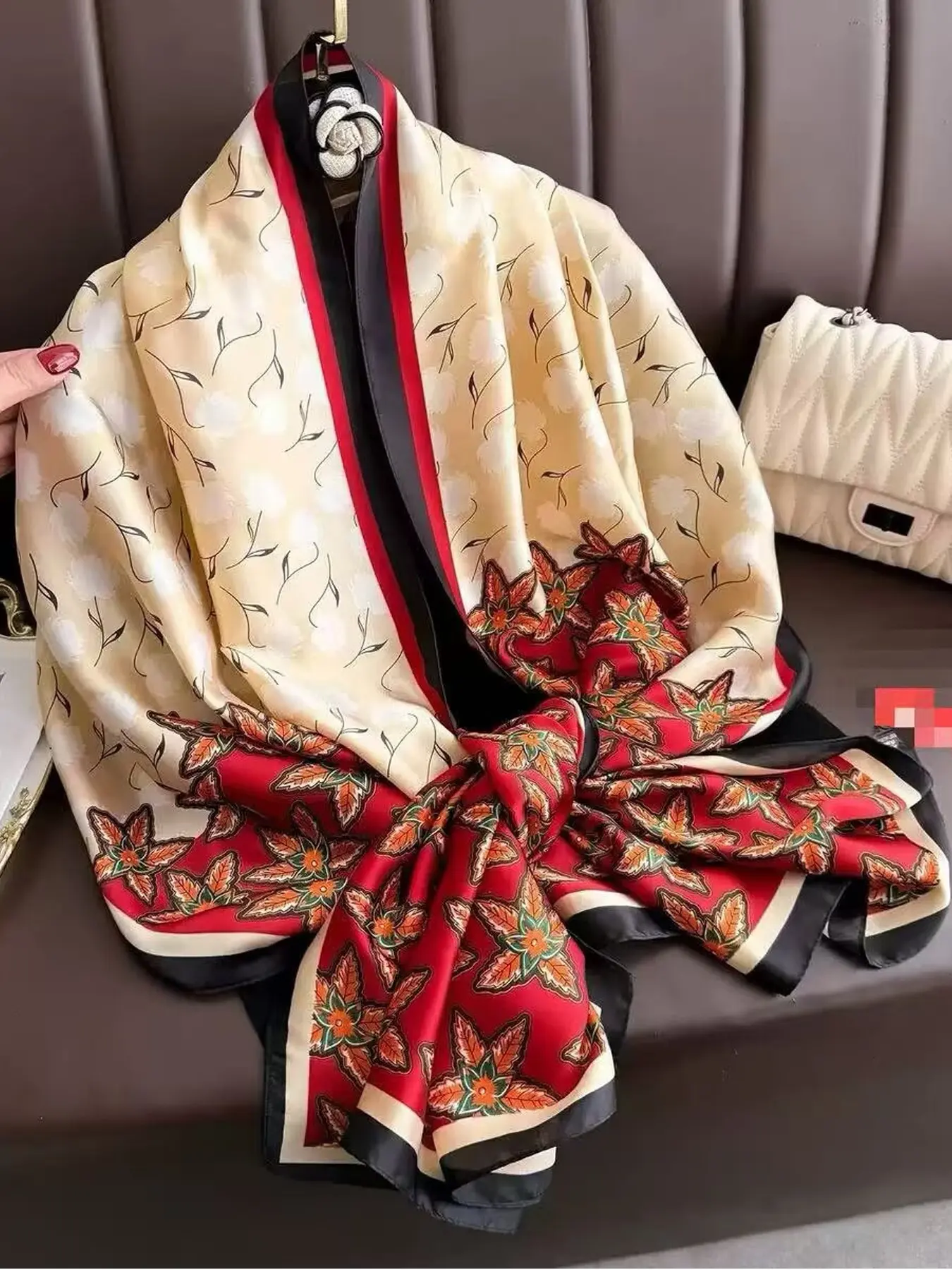 Classic Retro Floral Silk Feel Satin Shawl, Multiway Wear Oversized Wrap Scarf, Cream and Contrast, Perfect Holiday Gift for Her