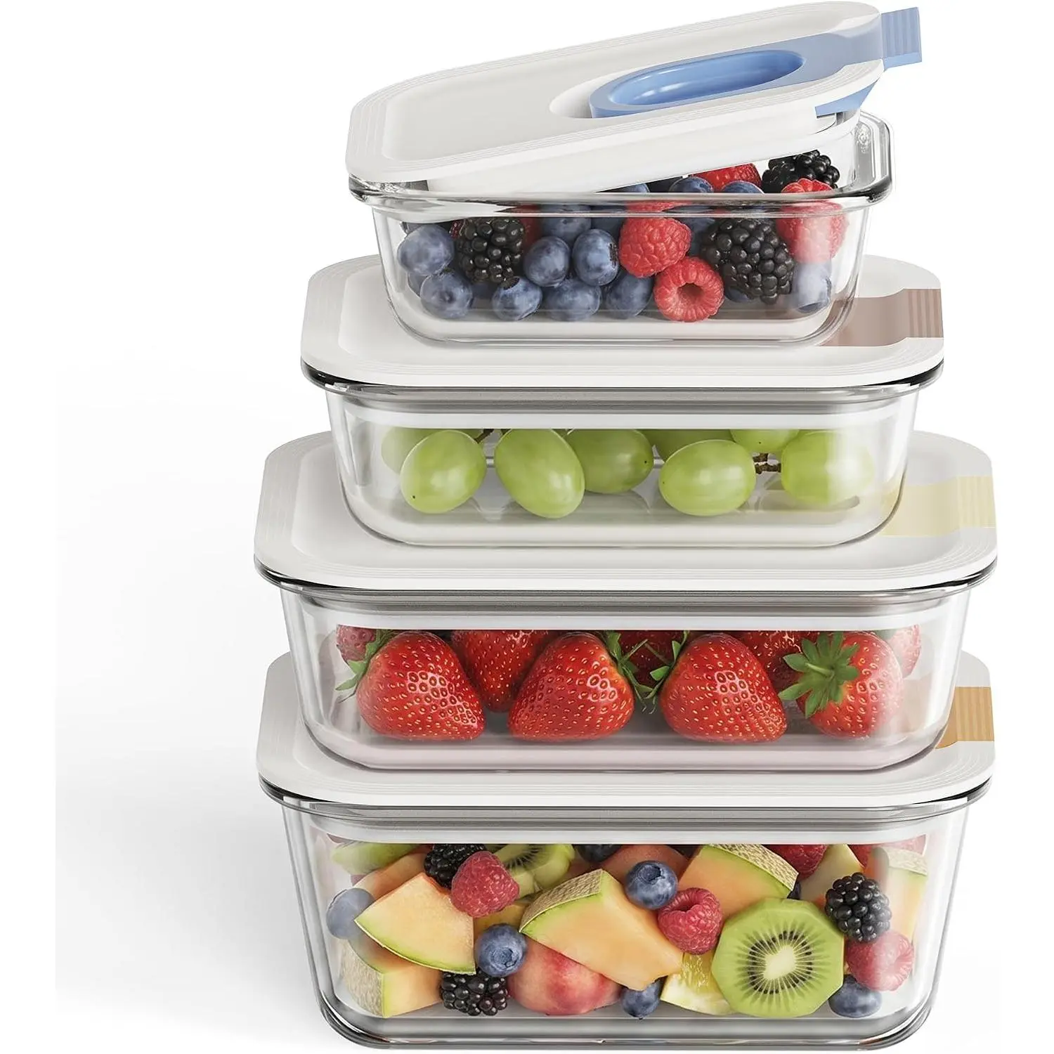 Glass Fruit Storage Containers for Fridge, 4 Pack Borosilicate Glass  Storage Containers with -Hand Slide Lid, Airtight Produce Containers, Stackable Fridge Organizer,