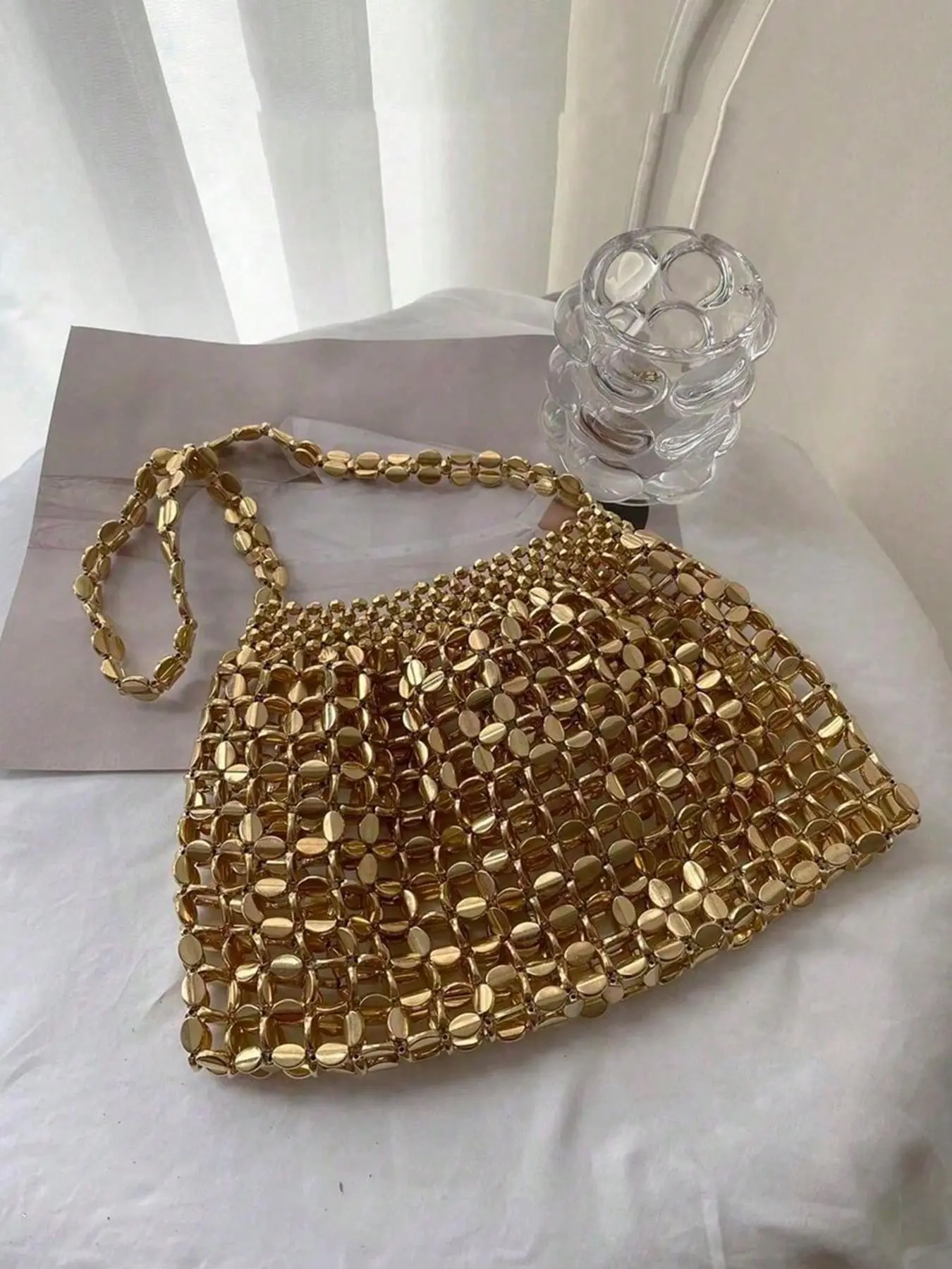 Fashion gold sequined dinner bag, retro light luxury casual one-shoulder handbag, niche design classic party activity bag, simple and exquisite for banquets, Evening Bag, Sequin Purse