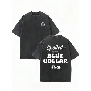 Faded Light Grey Vintage Washed Country Shirt Small Blue Collar Chest Print Spoiled By My Blue Collar Man Bubble Cursive Font Back Daily Streetwear