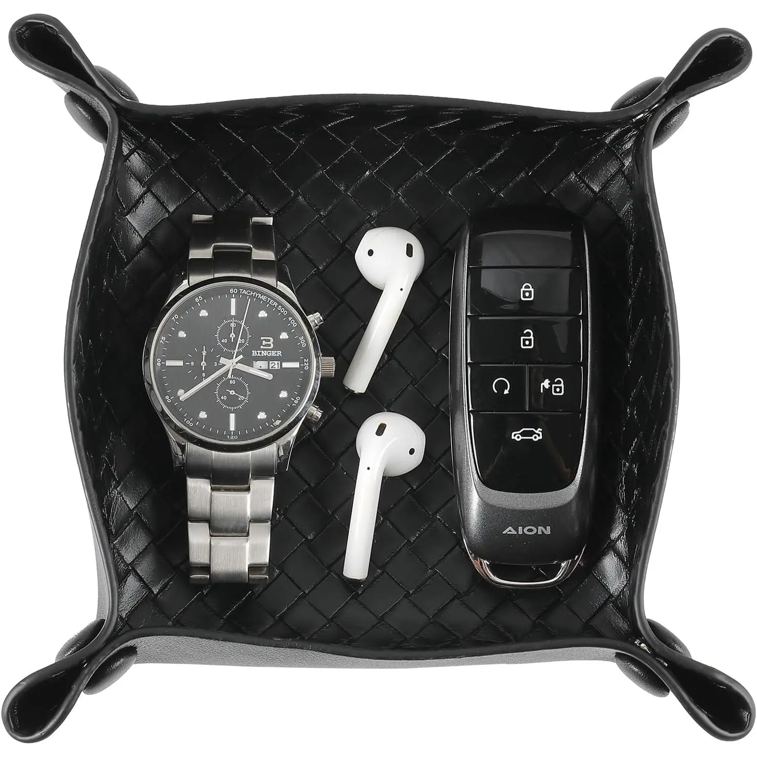 2 Pack PU Leather  Valet Tray for Men Women,Small Key Bowl for Entryway Table,Portable Travel Catchall  Tray (Square-Black-2pcs)