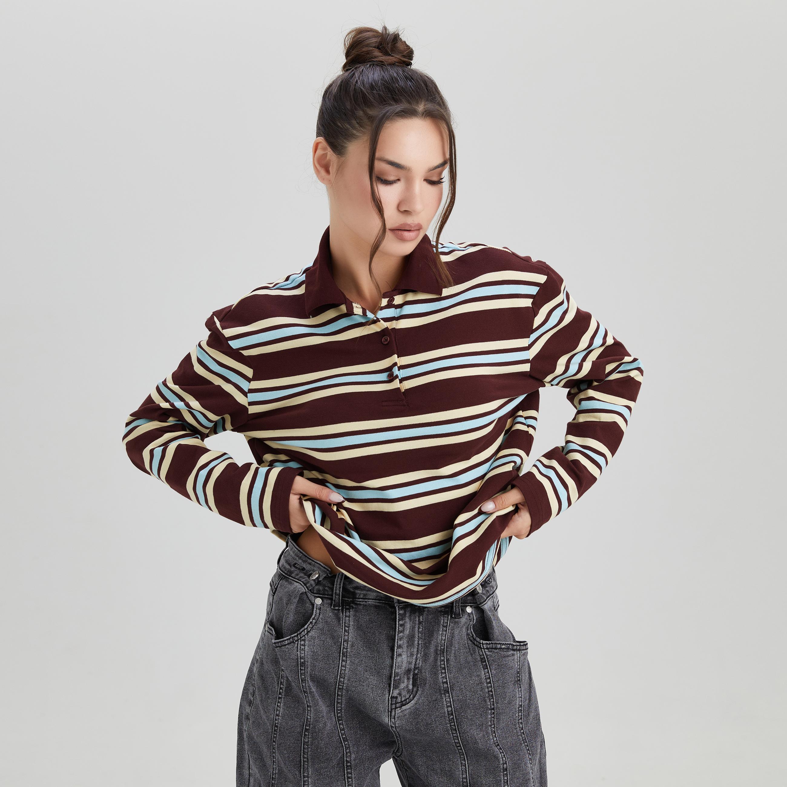 KatchMe Women's Casual Color-Matching Stripe Partial Button Long Sleeve Top, Versatile Striped Cotton Polo Shirt, Comfort Loose Streetwear