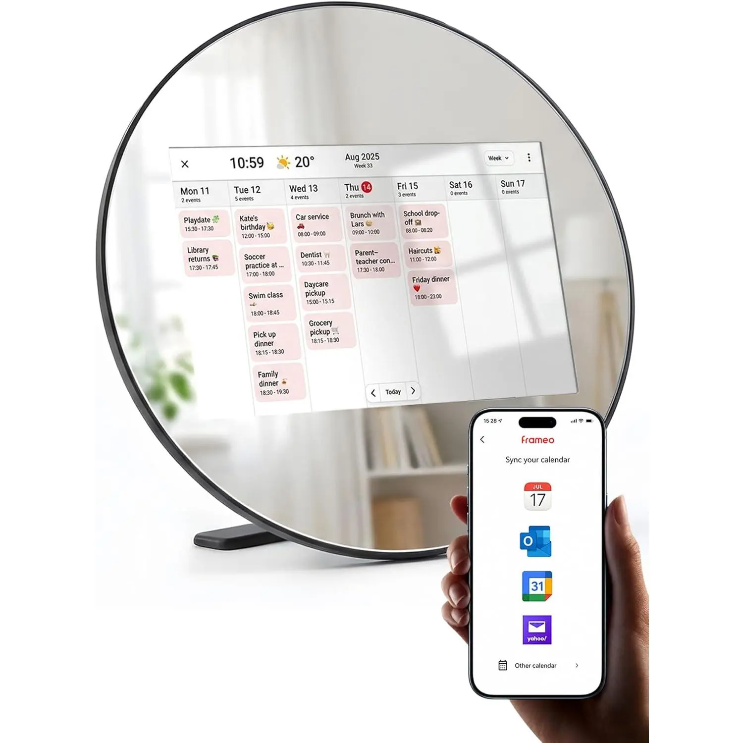 Frameo Digital Picture Frame WiFi Calendar 10.1" Mirror 3-in-1 Touchscreen Photo Frame, Auto-Synced Calendar, Share Photos & Videos via App, 32GB Wall/Tabletop for Parents Grandparents  Gifts